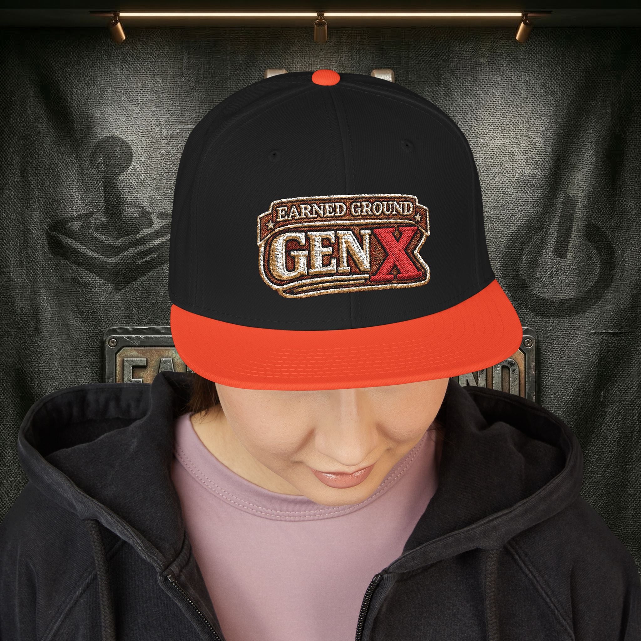 EARNED GROUND GEN 'X' EMBROIDED Snapback Hat — Vintage Red  GEN X Patch Logo Cap