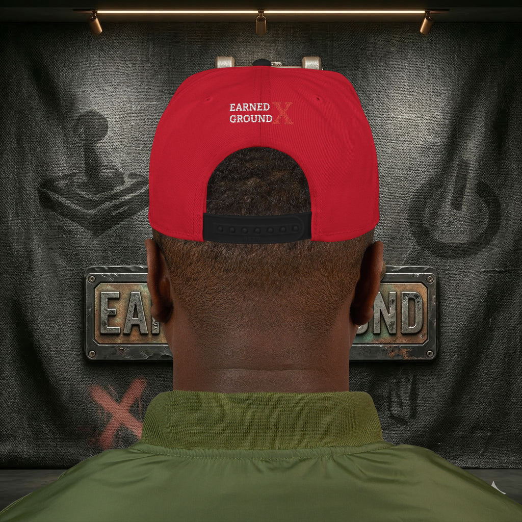EARNED GROUND GEN 'X' EMBROIDED Snapback Hat — Vintage Red  GEN X Patch Logo Cap