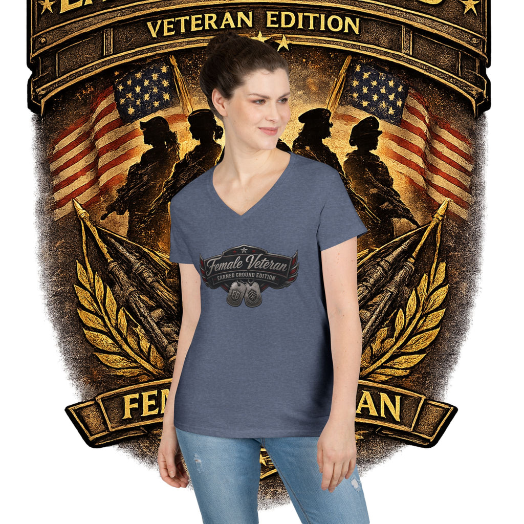 EARNED GROUND Female Veteran V-Neck T-Shirt — "Female Veteran" Edition"