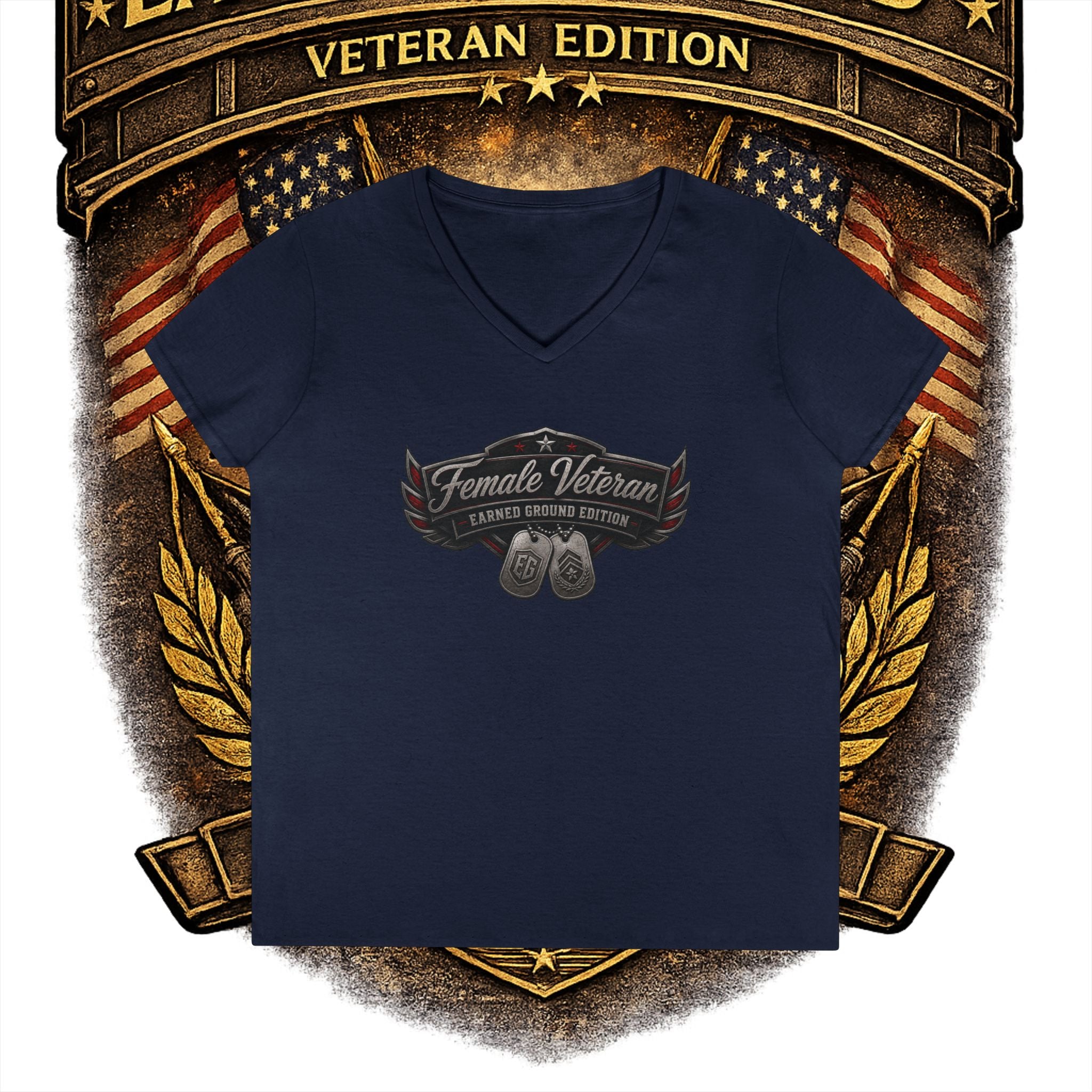 EARNED GROUND Female Veteran V-Neck T-Shirt — "Female Veteran" Edition"