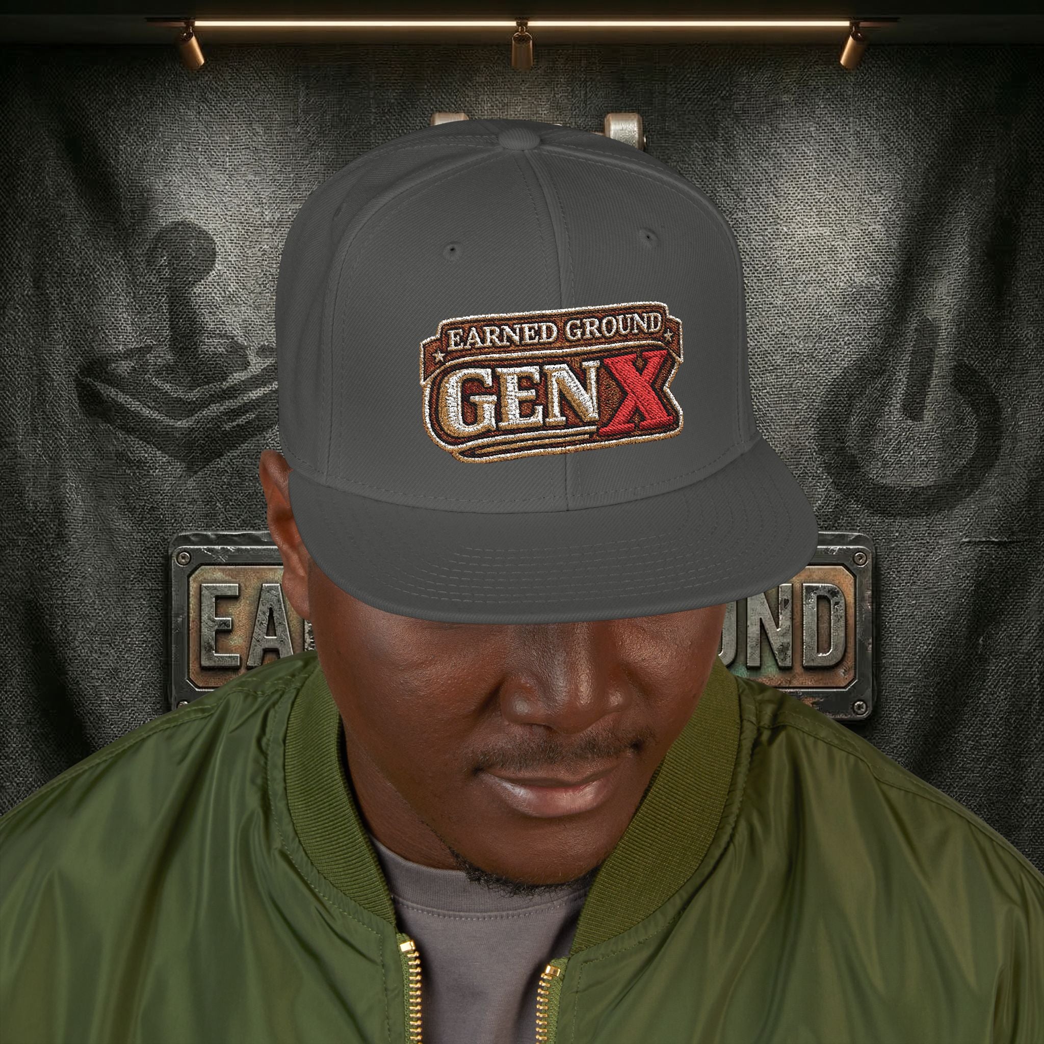 EARNED GROUND GEN 'X' EMBROIDED Snapback Hat — Vintage Red  GEN X Patch Logo Cap