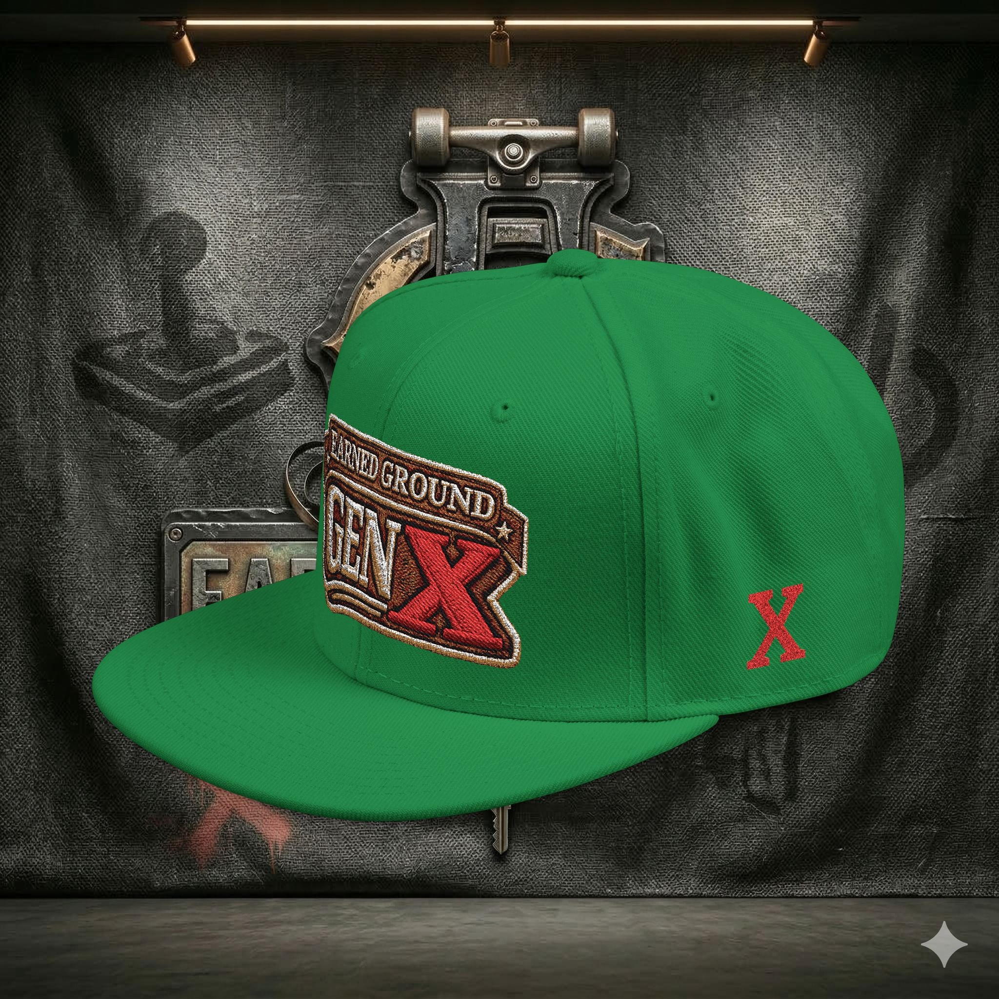 EARNED GROUND GEN 'X' EMBROIDED Snapback Hat — Vintage Red  GEN X Patch Logo Cap