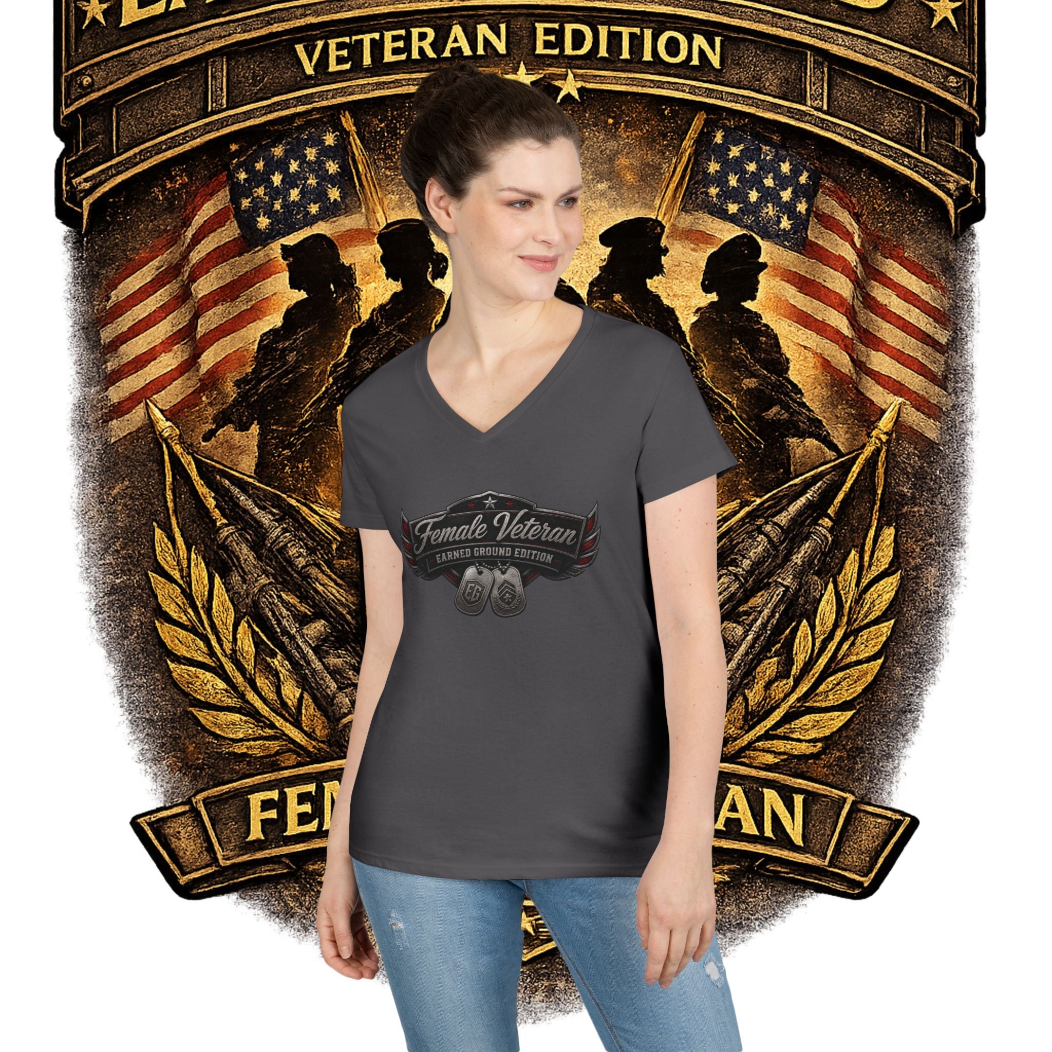 EARNED GROUND Female Veteran V-Neck T-Shirt — "Female Veteran" Edition"