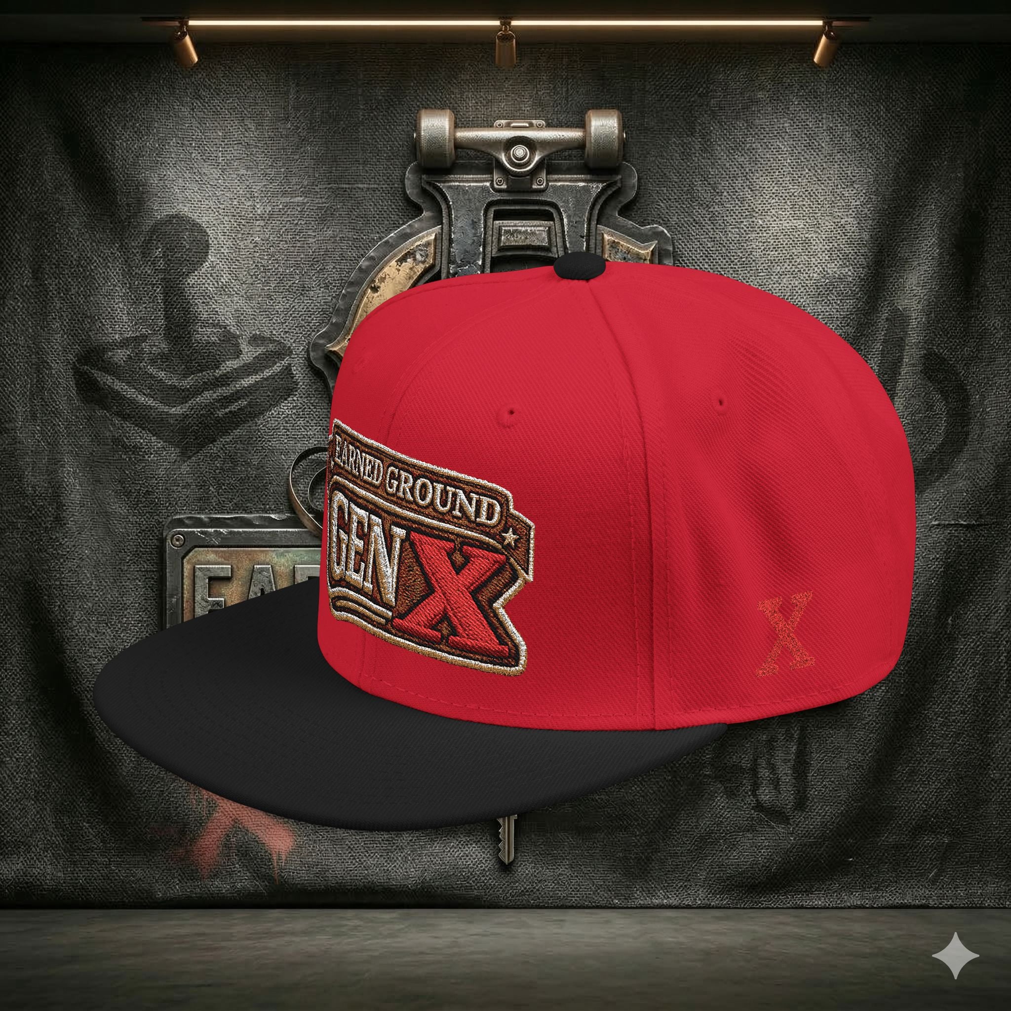 EARNED GROUND GEN 'X' EMBROIDED Snapback Hat — Vintage Red  GEN X Patch Logo Cap