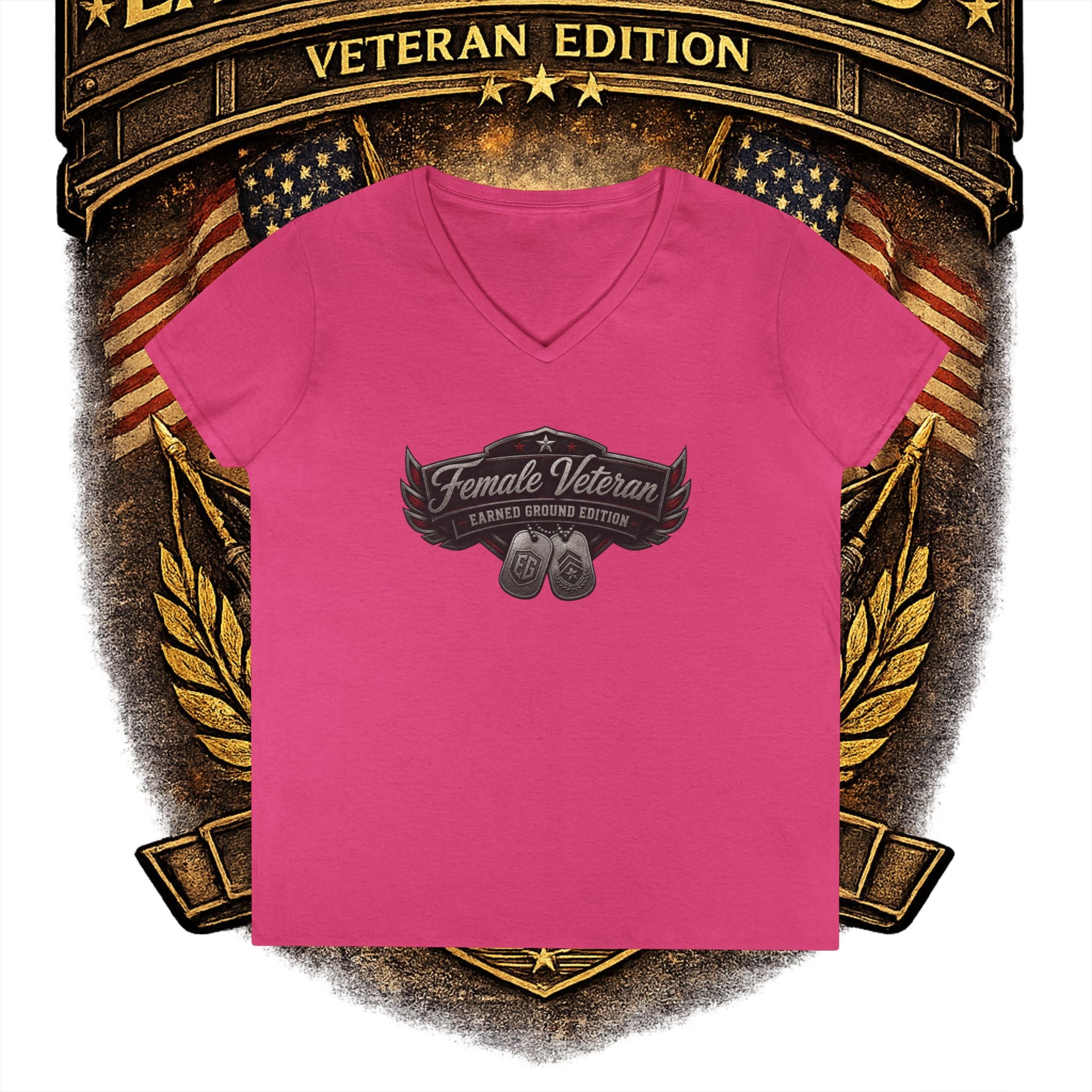 EARNED GROUND Female Veteran V-Neck T-Shirt — "Female Veteran" Edition"