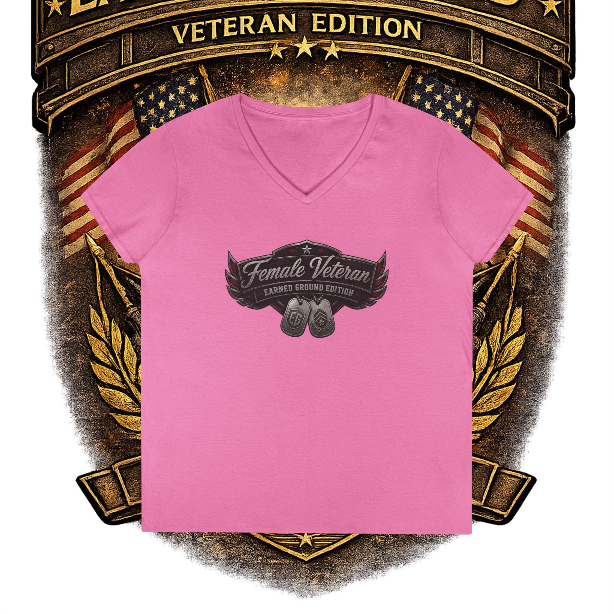 EARNED GROUND Female Veteran V-Neck T-Shirt — "Female Veteran" Edition"