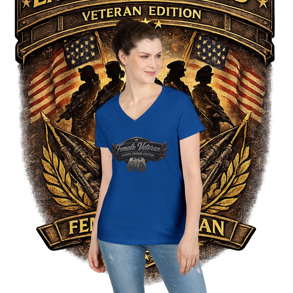 EARNED GROUND Female Veteran V-Neck T-Shirt — "Female Veteran" Edition"