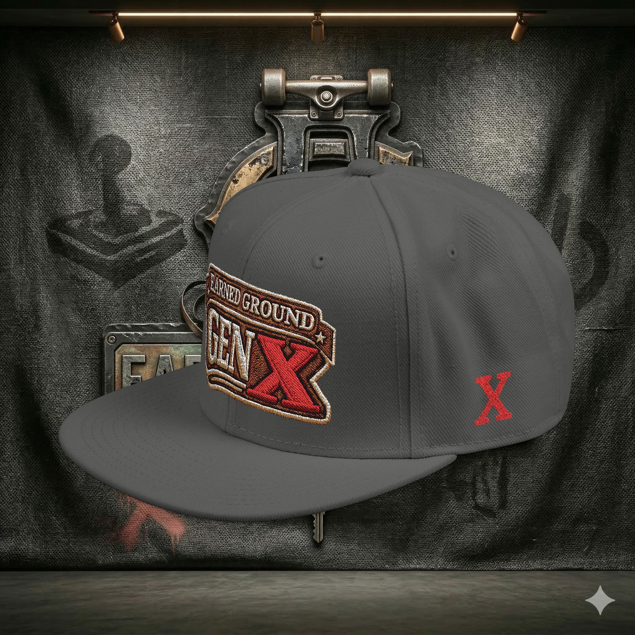 EARNED GROUND GEN 'X' EMBROIDED Snapback Hat — Vintage Red  GEN X Patch Logo Cap