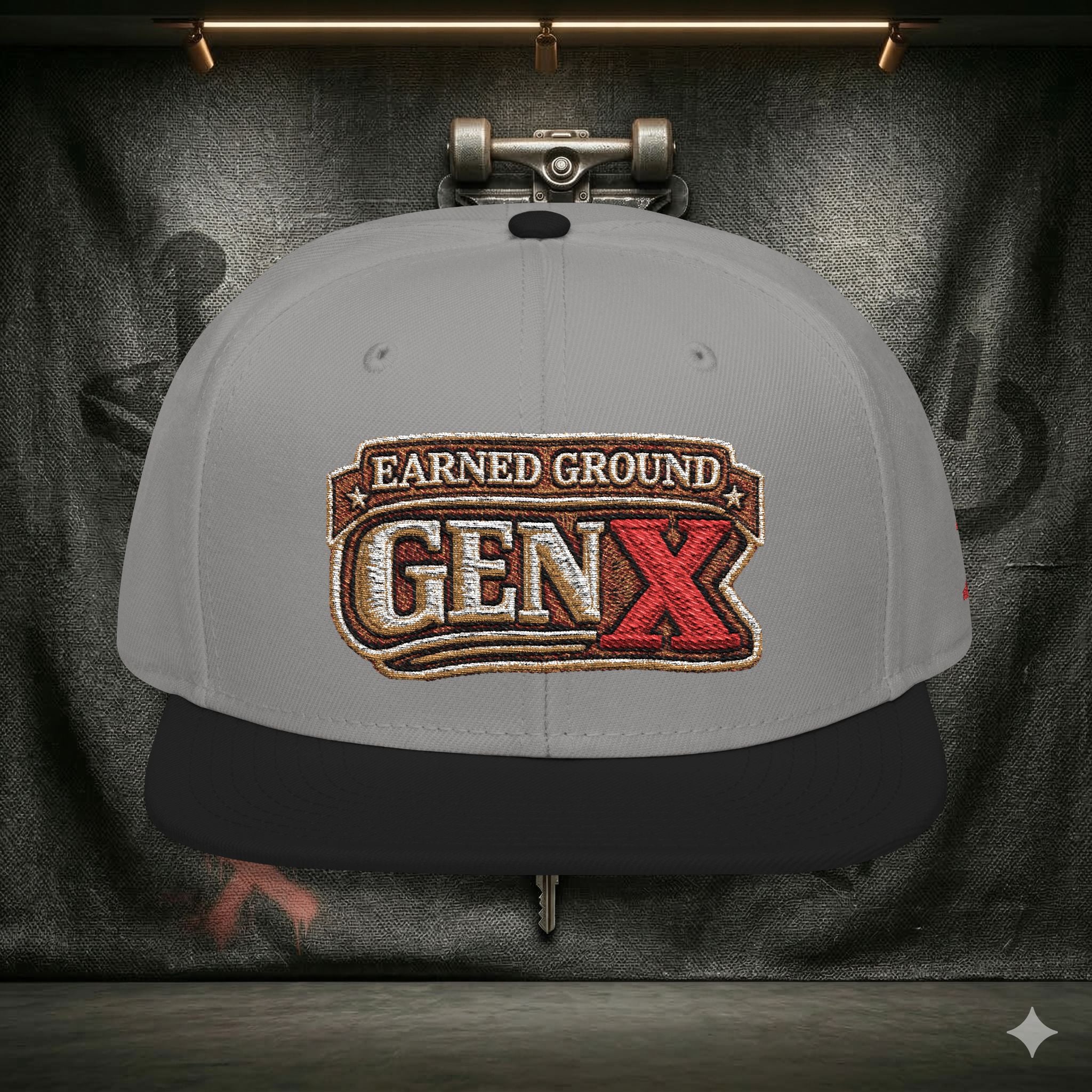 EARNED GROUND GEN 'X' EMBROIDED Snapback Hat — Vintage Red  GEN X Patch Logo Cap