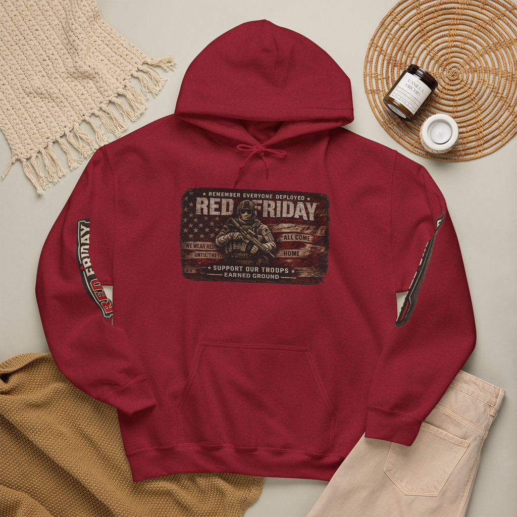 Red Friday Hoodie — " WE WEAR READ UNITL THE ALL COME HOME" Veterans American Flag Pullover