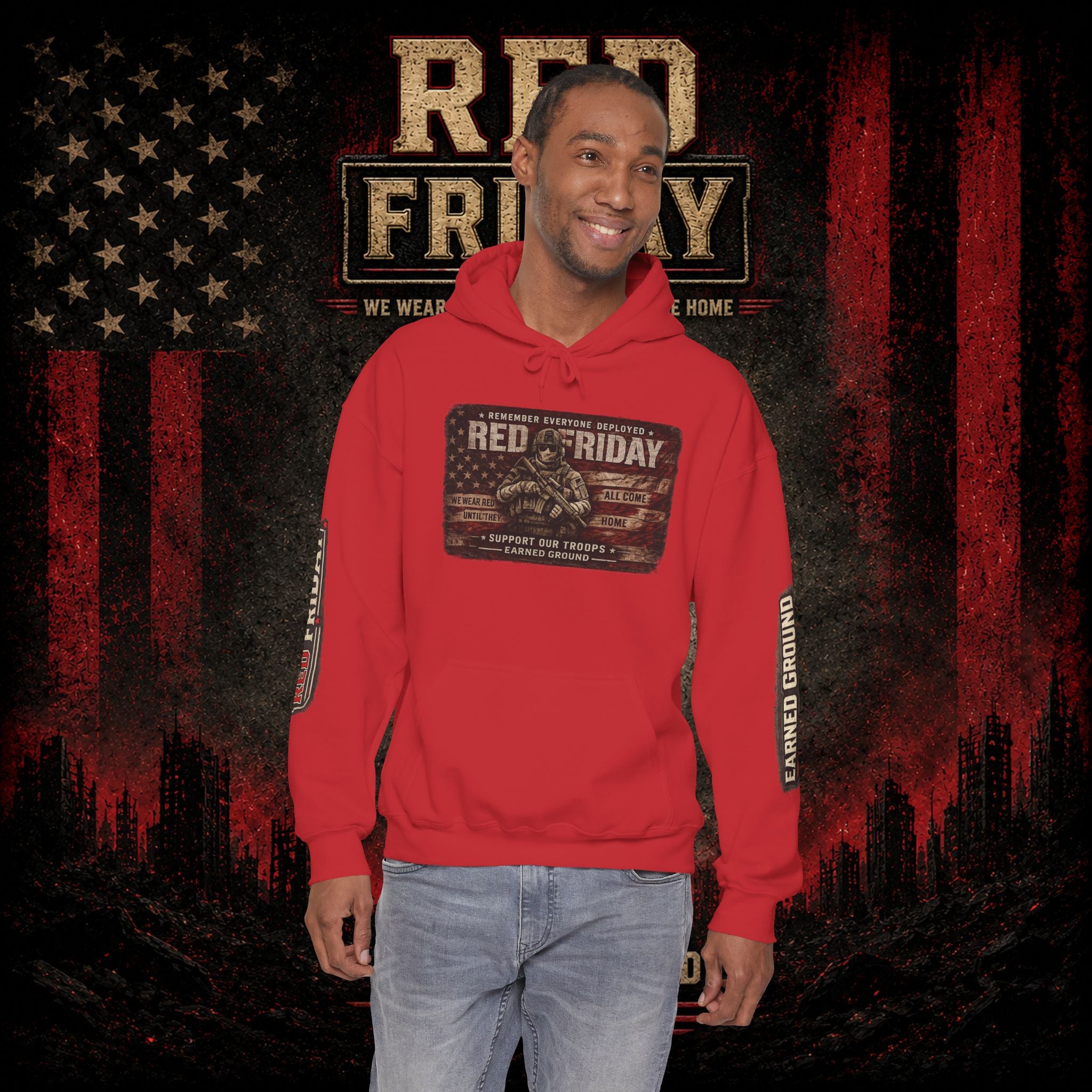 Red Friday Hoodie — " WE WEAR READ UNITL THE ALL COME HOME" Veterans American Flag Pullover