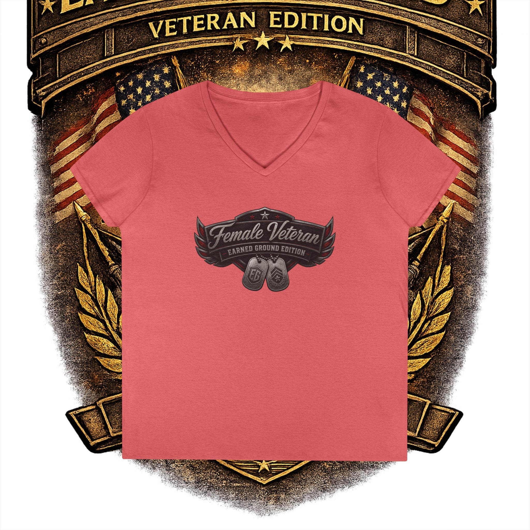 EARNED GROUND Female Veteran V-Neck T-Shirt — "Female Veteran" Edition"