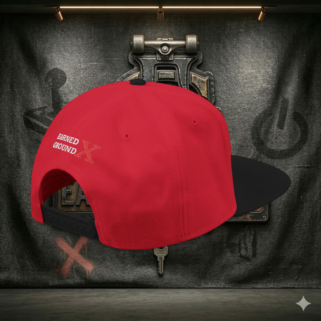 EARNED GROUND GEN 'X' EMBROIDED Snapback Hat — Vintage Red  GEN X Patch Logo Cap