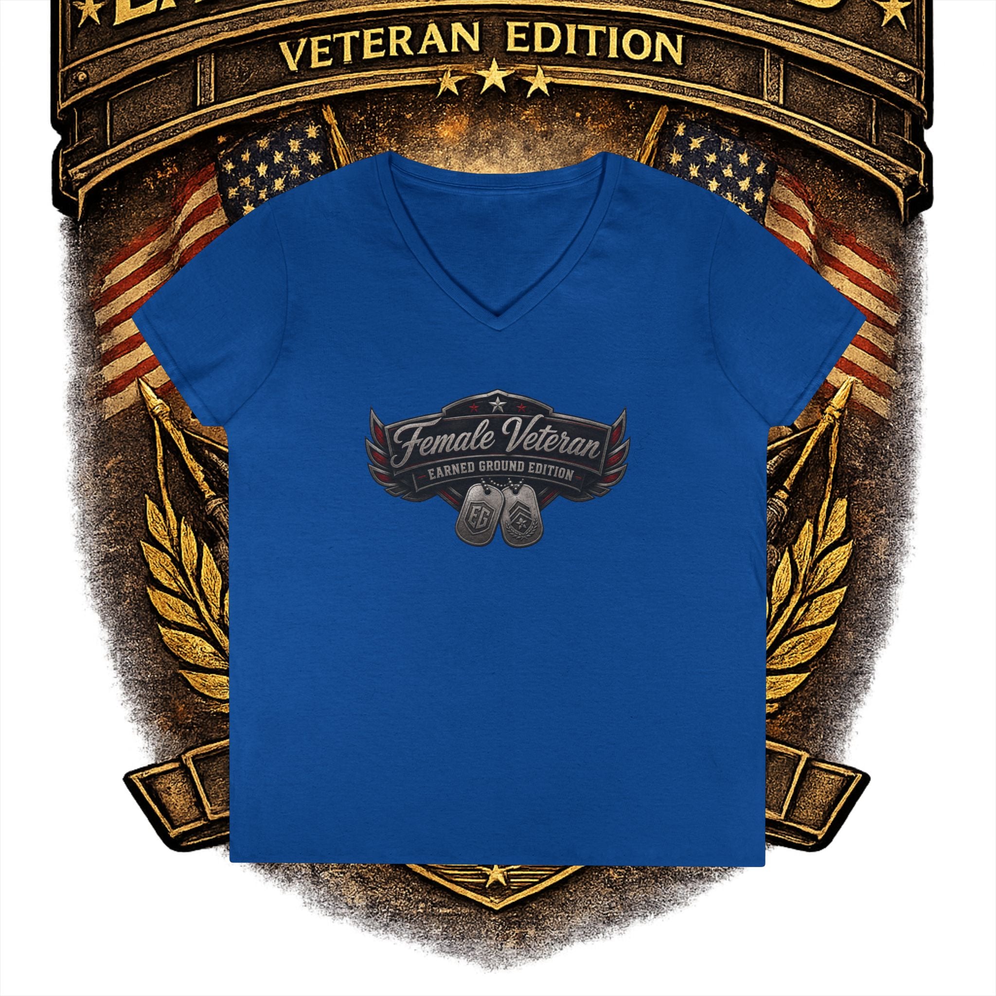 EARNED GROUND Female Veteran V-Neck T-Shirt — "Female Veteran" Edition"