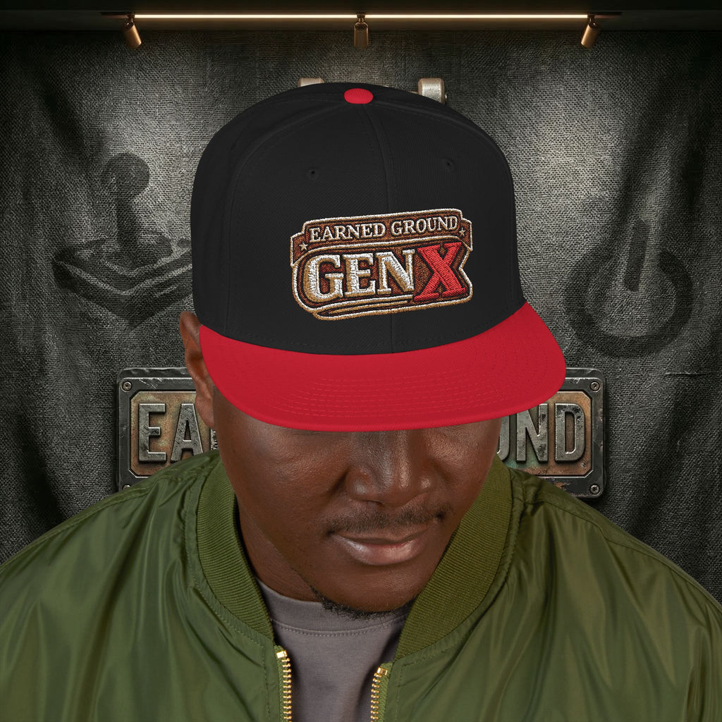 EARNED GROUND GEN 'X' EMBROIDED Snapback Hat — Vintage Red  GEN X Patch Logo Cap
