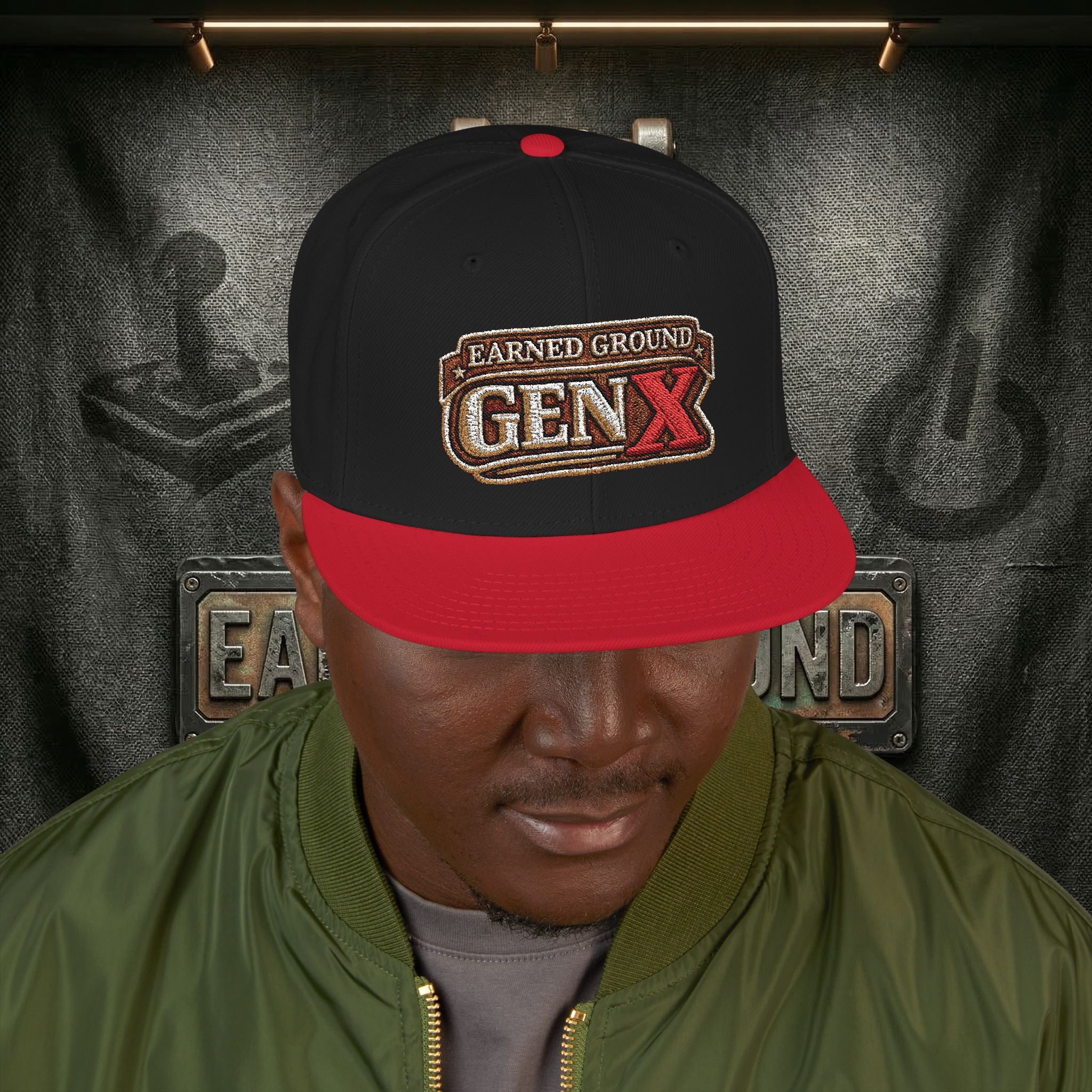 EARNED GROUND GEN 'X' EMBROIDED Snapback Hat — Vintage Red  GEN X Patch Logo Cap