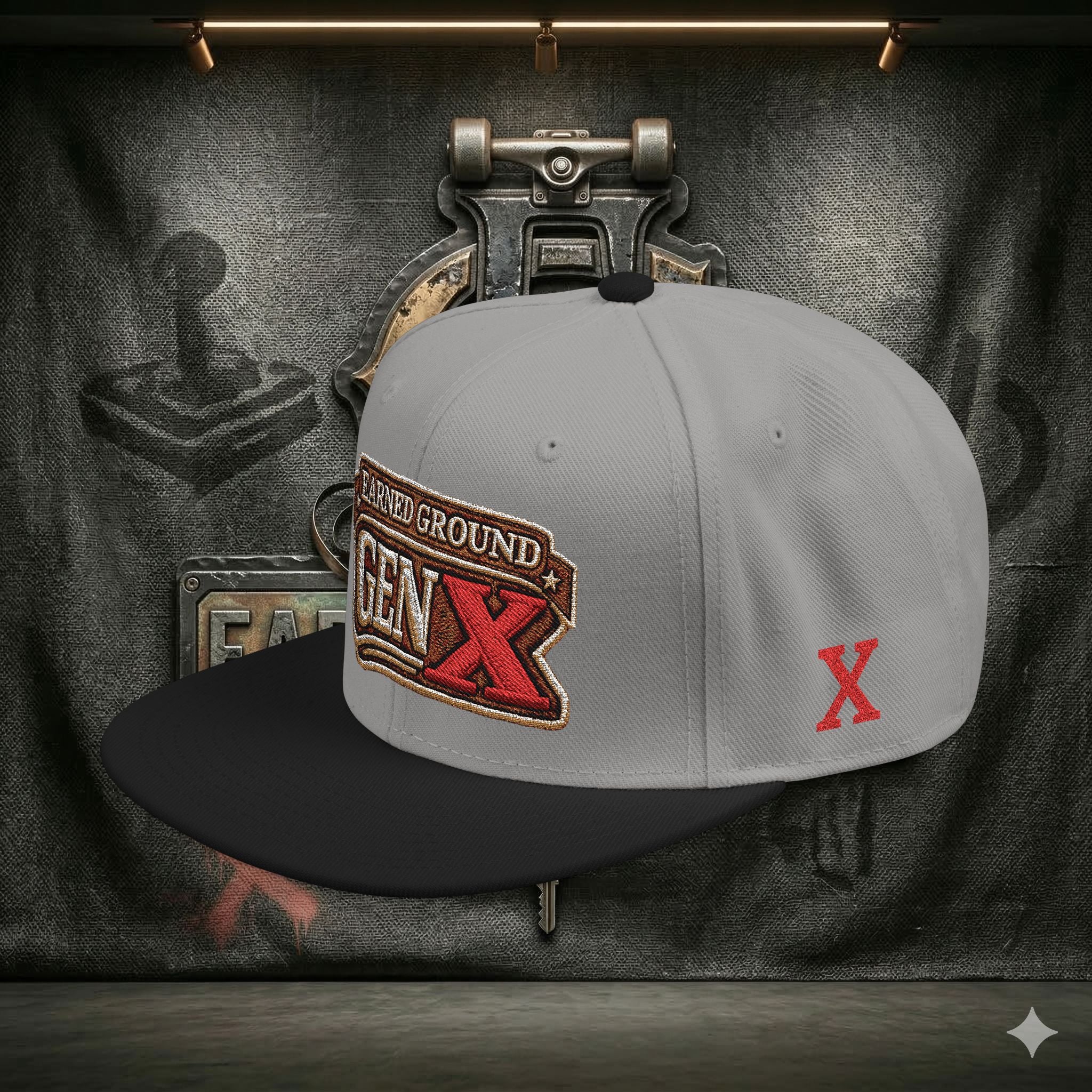 EARNED GROUND GEN 'X' EMBROIDED Snapback Hat — Vintage Red  GEN X Patch Logo Cap