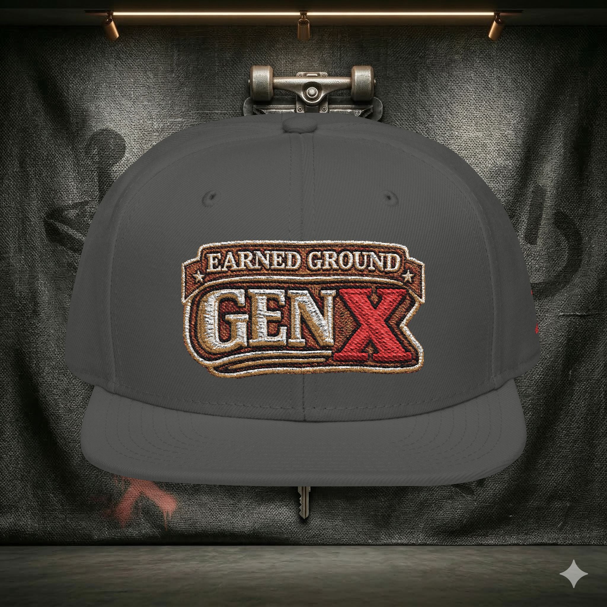 EARNED GROUND GEN 'X' EMBROIDED Snapback Hat — Vintage Red  GEN X Patch Logo Cap