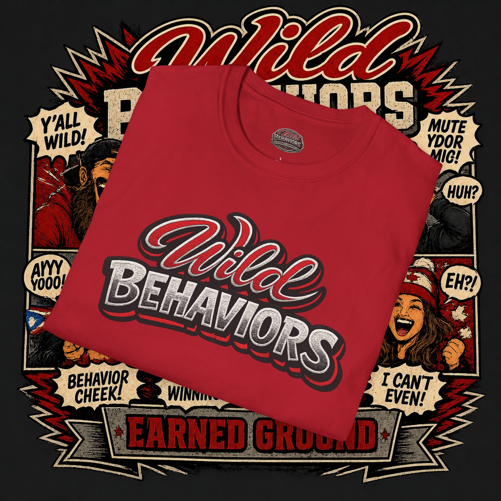 Earned Ground "Wild Behaviors" T-Shirt — Retro Red & White Graphic Tee
