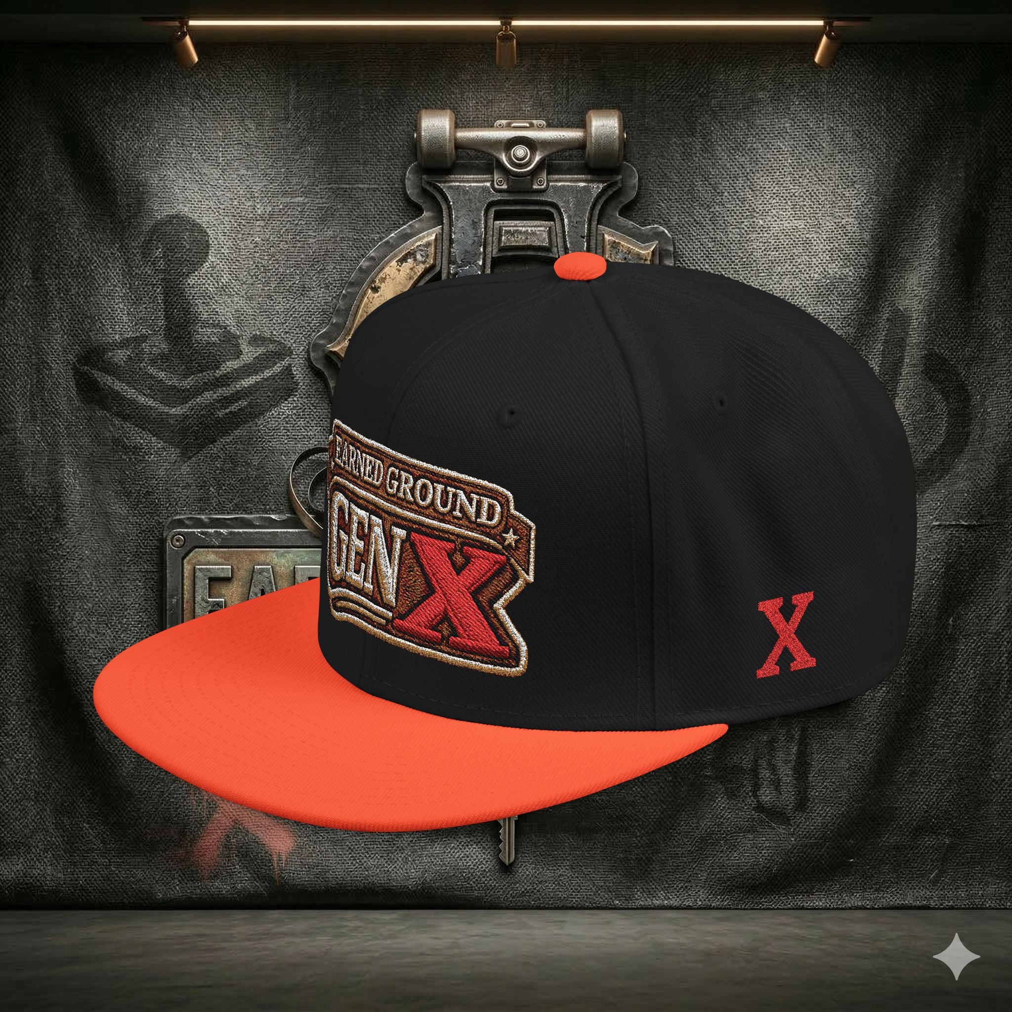 EARNED GROUND GEN 'X' EMBROIDED Snapback Hat — Vintage Red  GEN X Patch Logo Cap