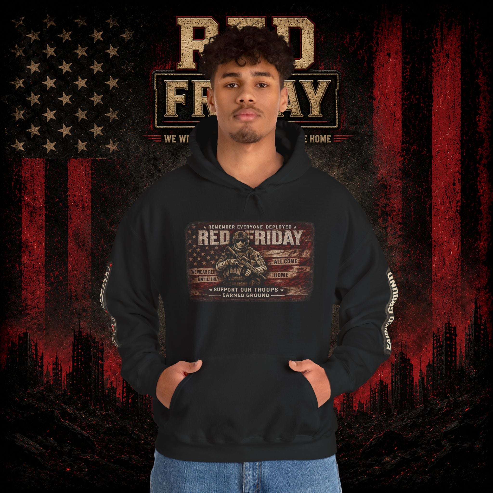 Red Friday Hoodie — " WE WEAR READ UNITL THE ALL COME HOME" Veterans American Flag Pullover
