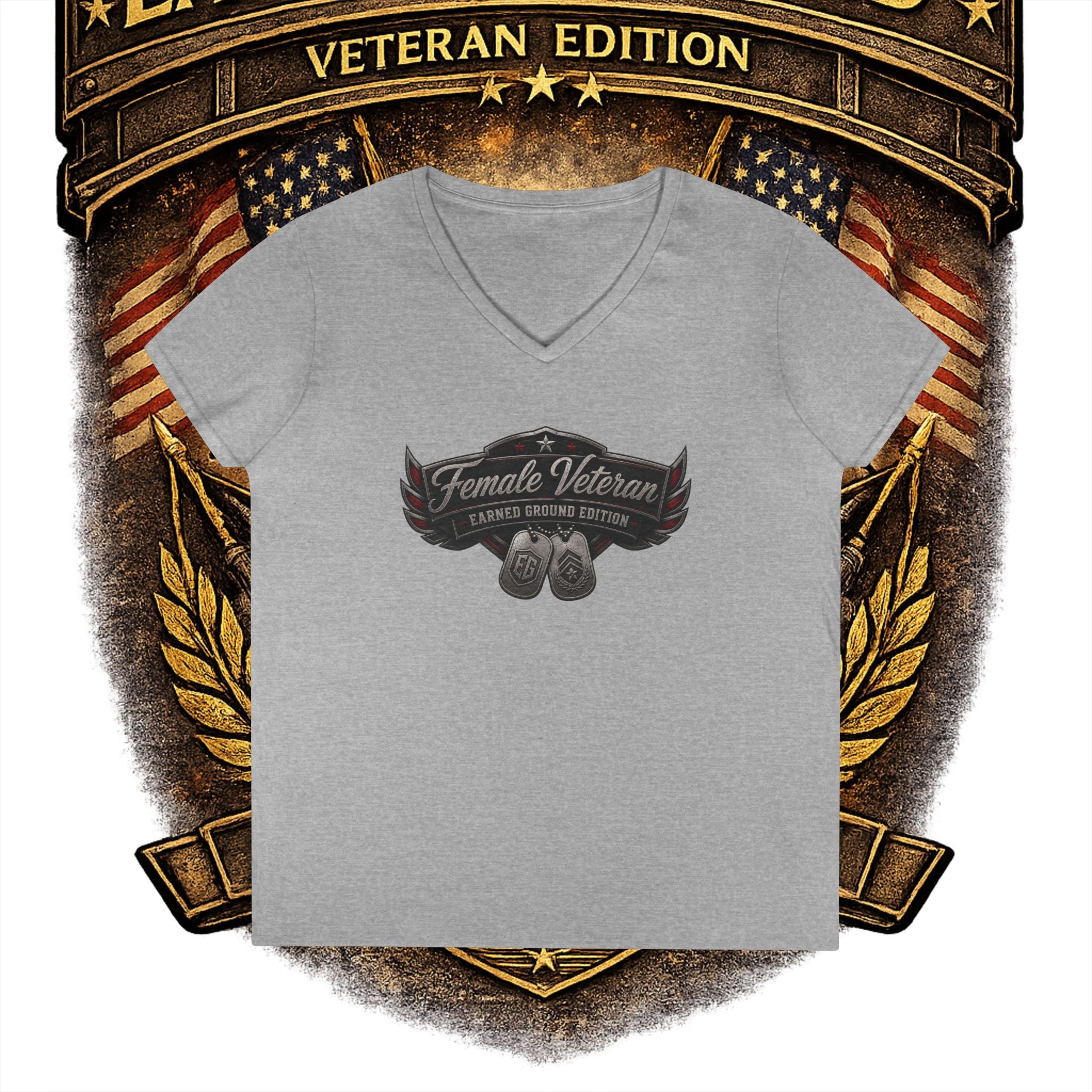 EARNED GROUND Female Veteran V-Neck T-Shirt — "Female Veteran" Edition"