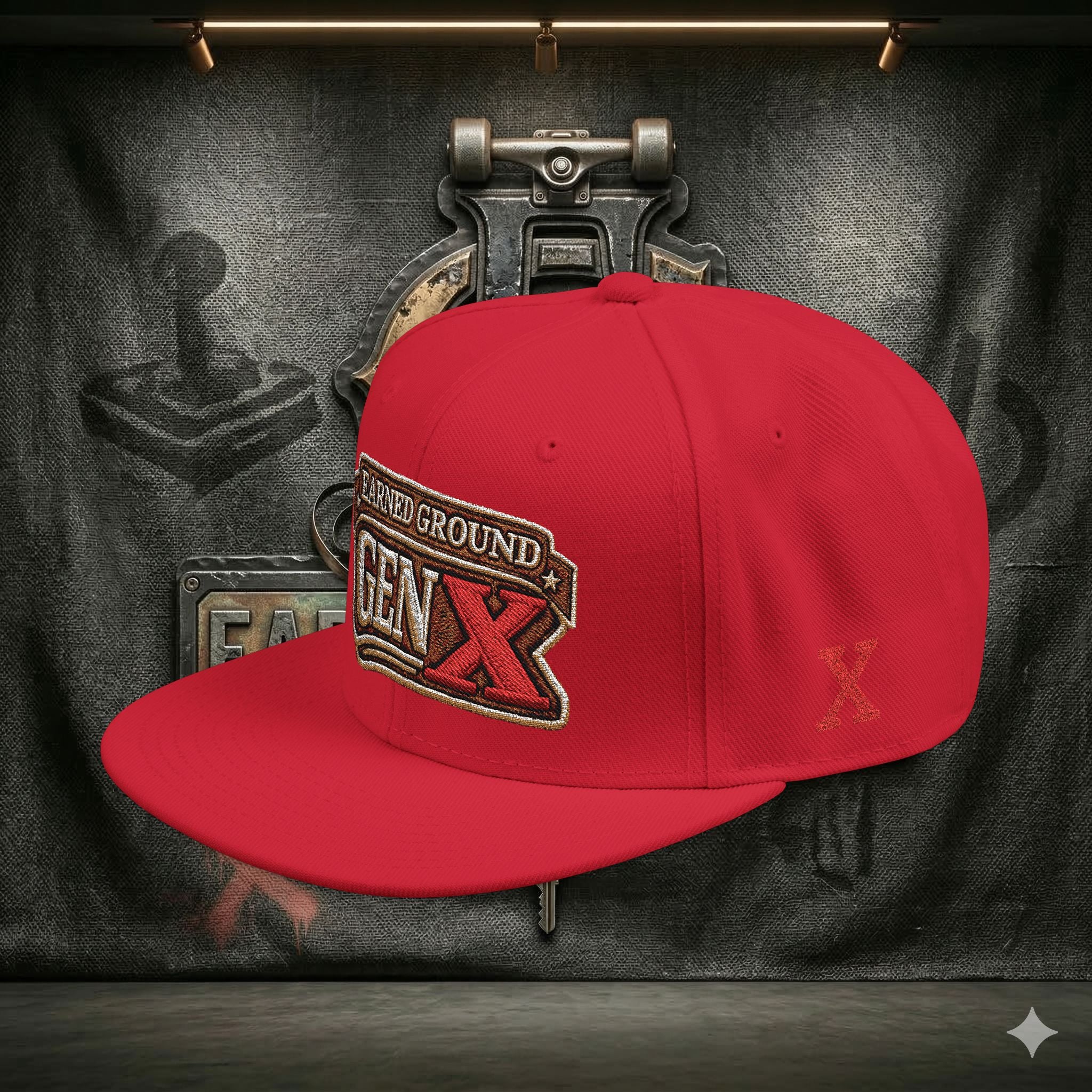 EARNED GROUND GEN 'X' EMBROIDED Snapback Hat — Vintage Red  GEN X Patch Logo Cap