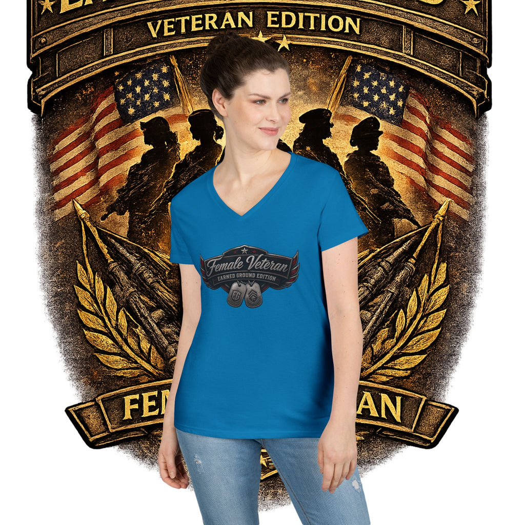 EARNED GROUND Female Veteran V-Neck T-Shirt — "Female Veteran" Edition"