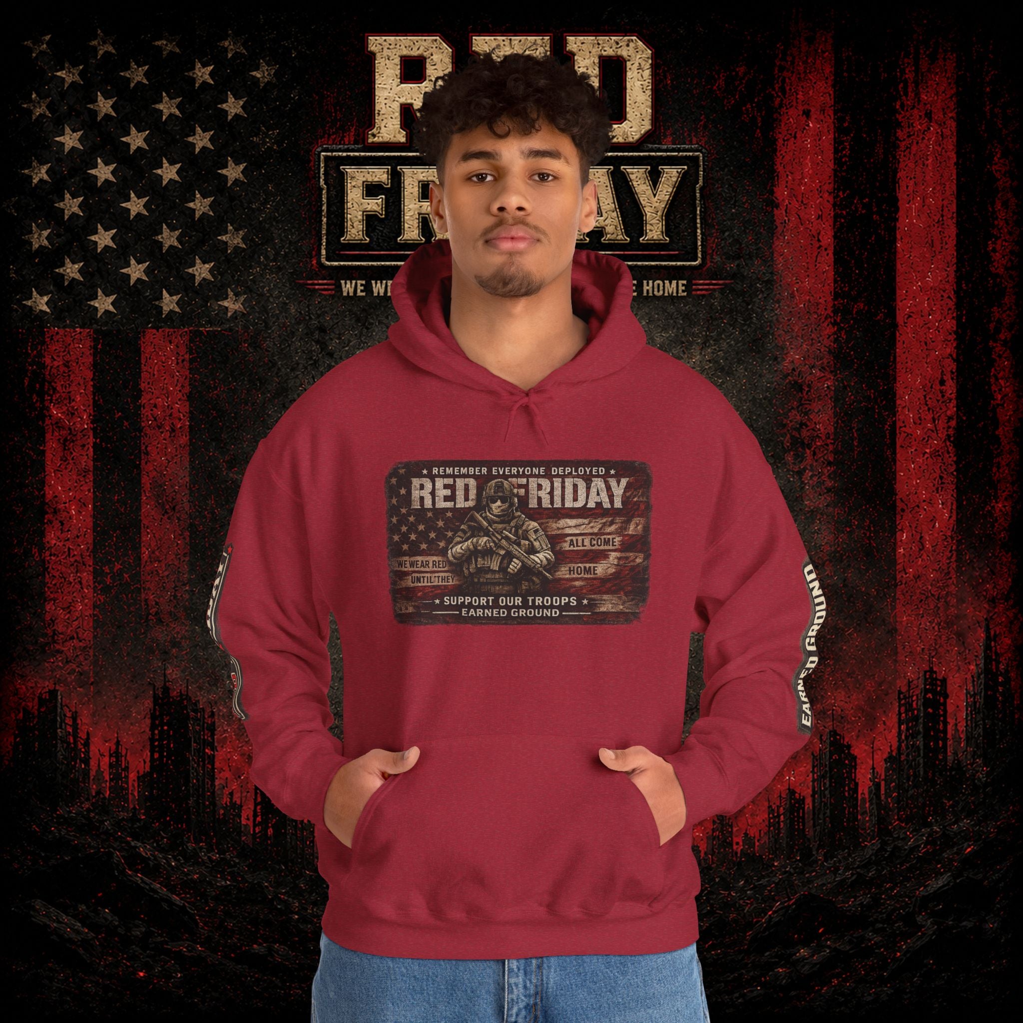 Red Friday Hoodie — " WE WEAR READ UNITL THE ALL COME HOME" Veterans American Flag Pullover