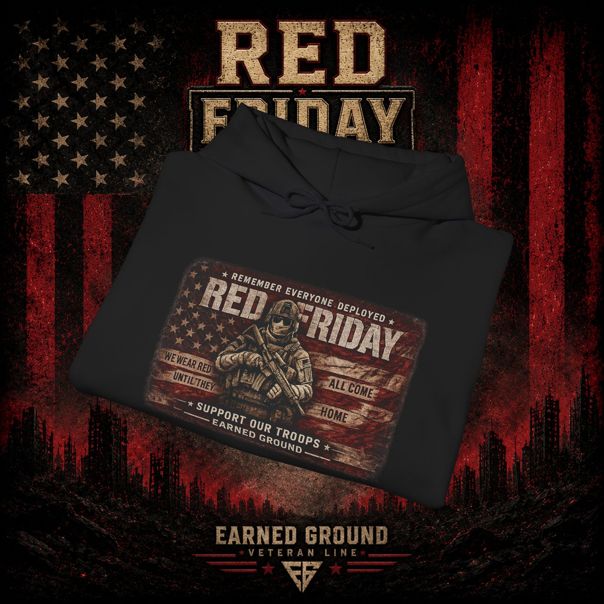 Red Friday Hoodie — " WE WEAR READ UNITL THE ALL COME HOME" Veterans American Flag Pullover