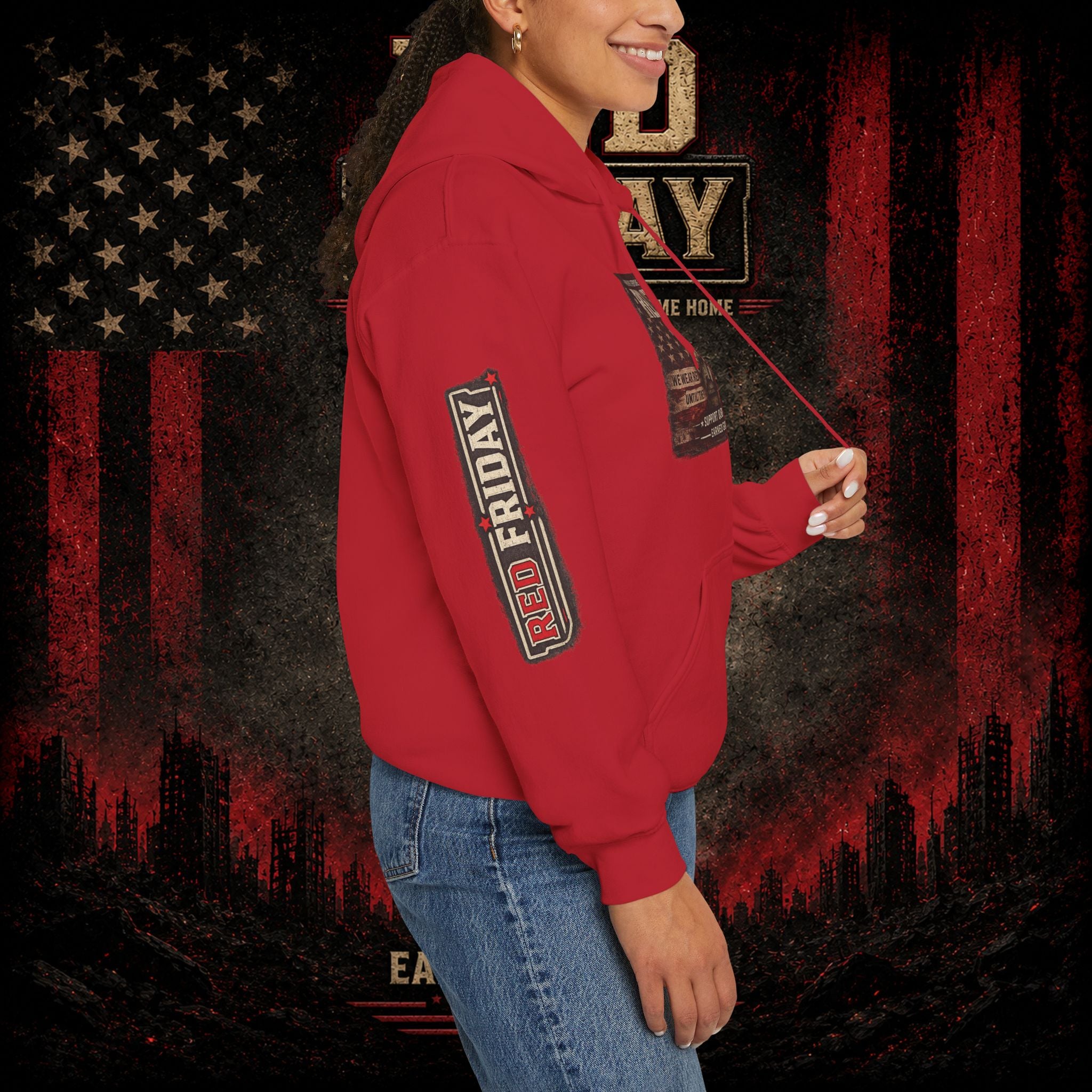 Red Friday Hoodie — " WE WEAR READ UNITL THE ALL COME HOME" Veterans American Flag Pullover
