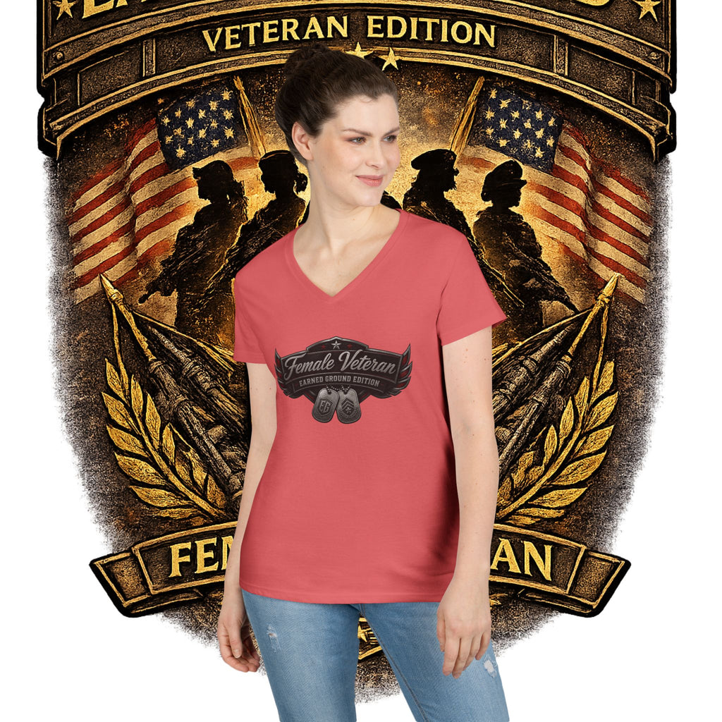 EARNED GROUND Female Veteran V-Neck T-Shirt — "Female Veteran" Edition"