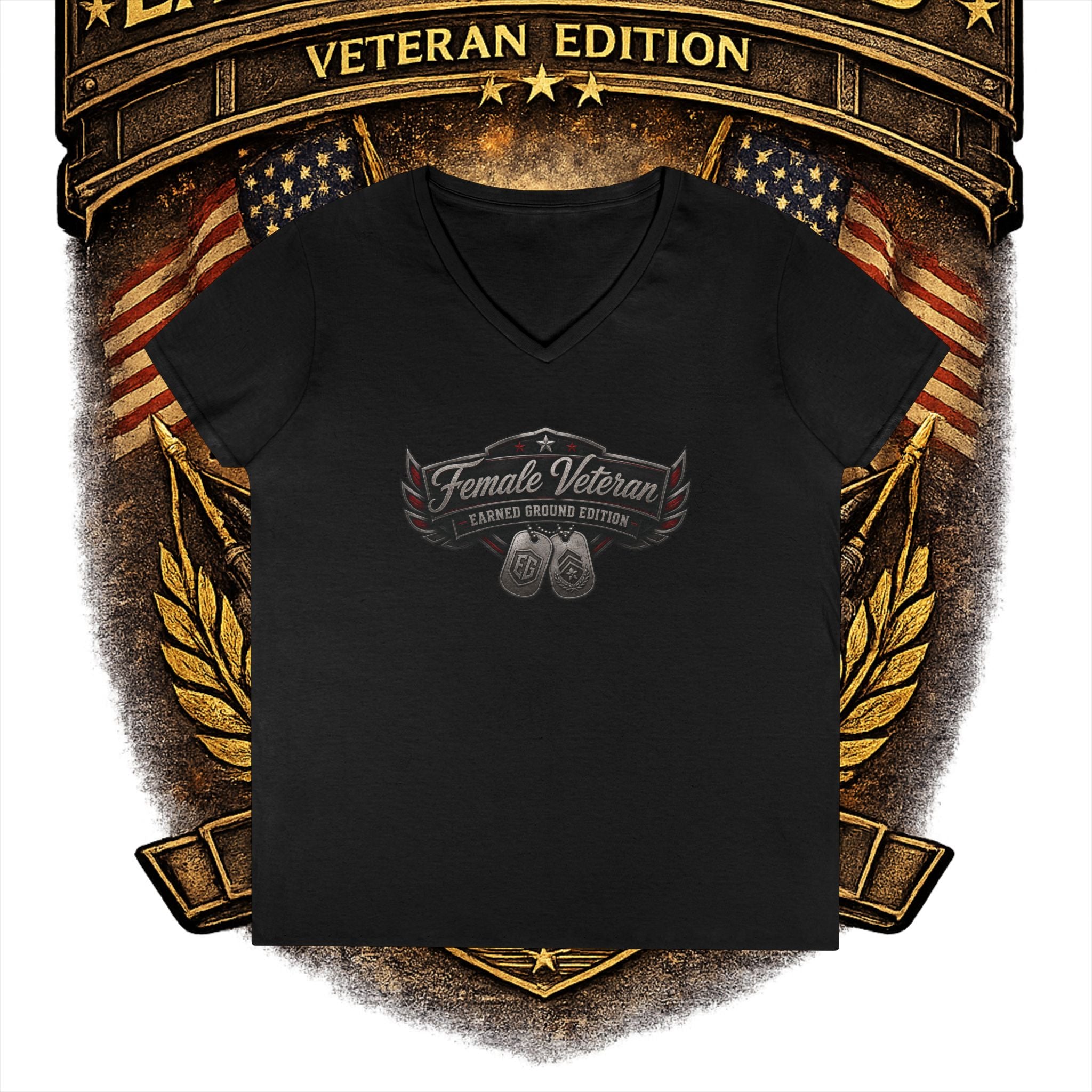 EARNED GROUND Female Veteran V-Neck T-Shirt — "Female Veteran" Edition"