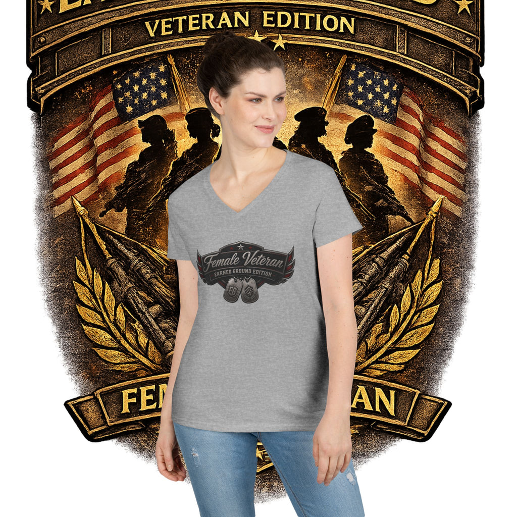 EARNED GROUND Female Veteran V-Neck T-Shirt — "Female Veteran" Edition"