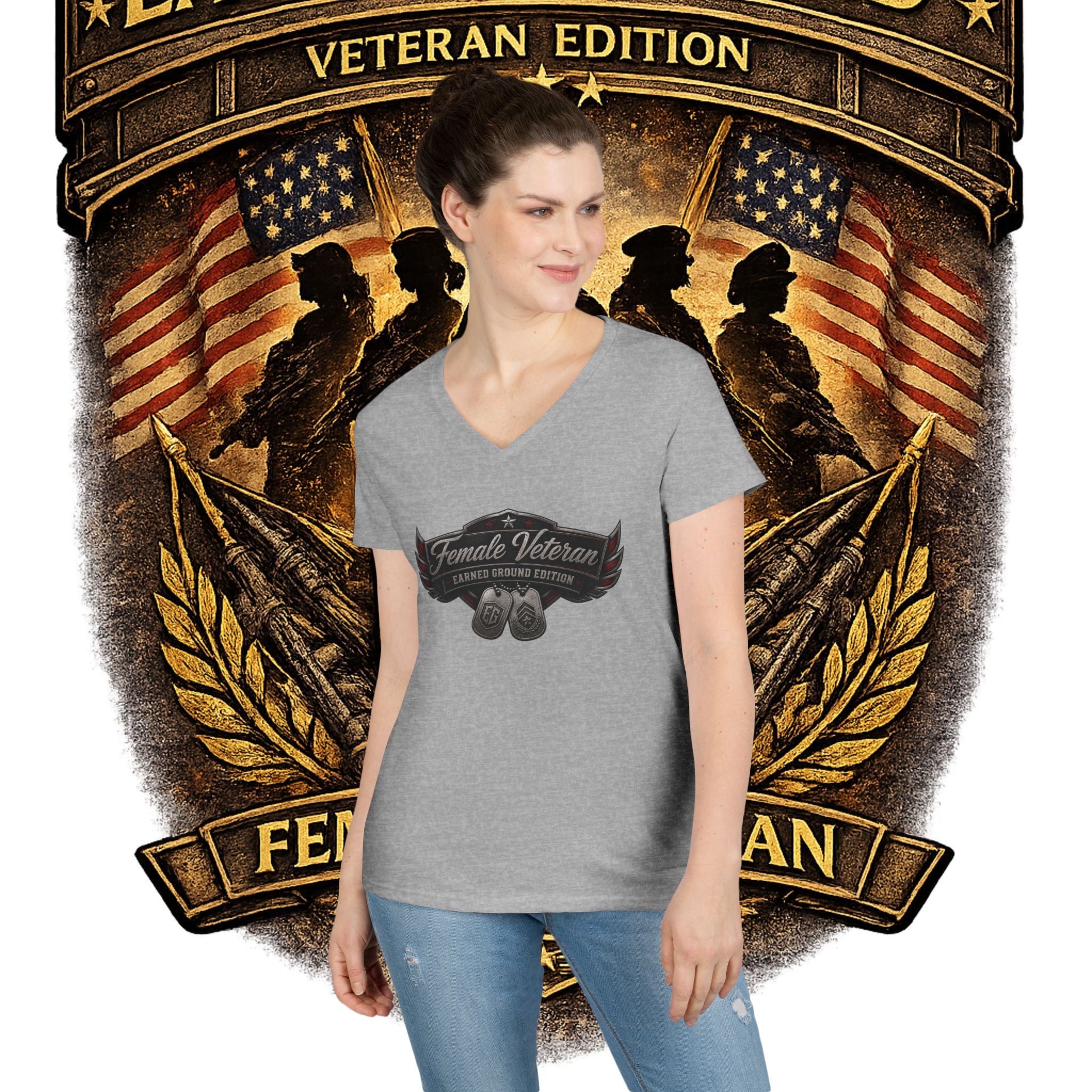 EARNED GROUND Female Veteran V-Neck T-Shirt — "Female Veteran" Edition"
