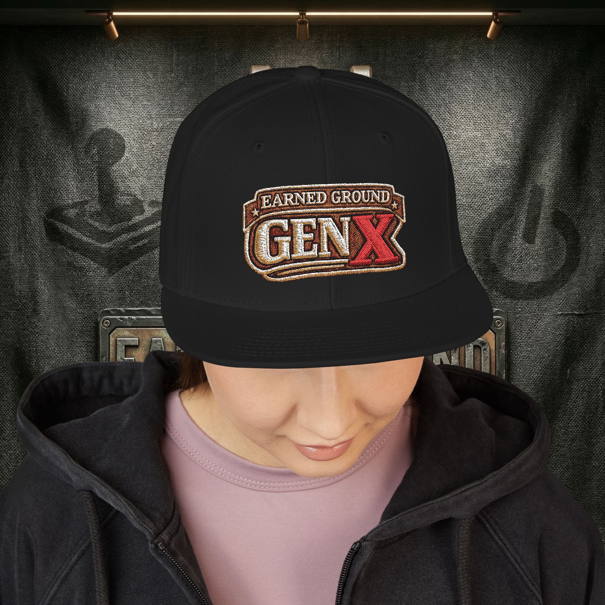 EARNED GROUND GEN 'X' EMBROIDED Snapback Hat — Vintage Red  GEN X Patch Logo Cap