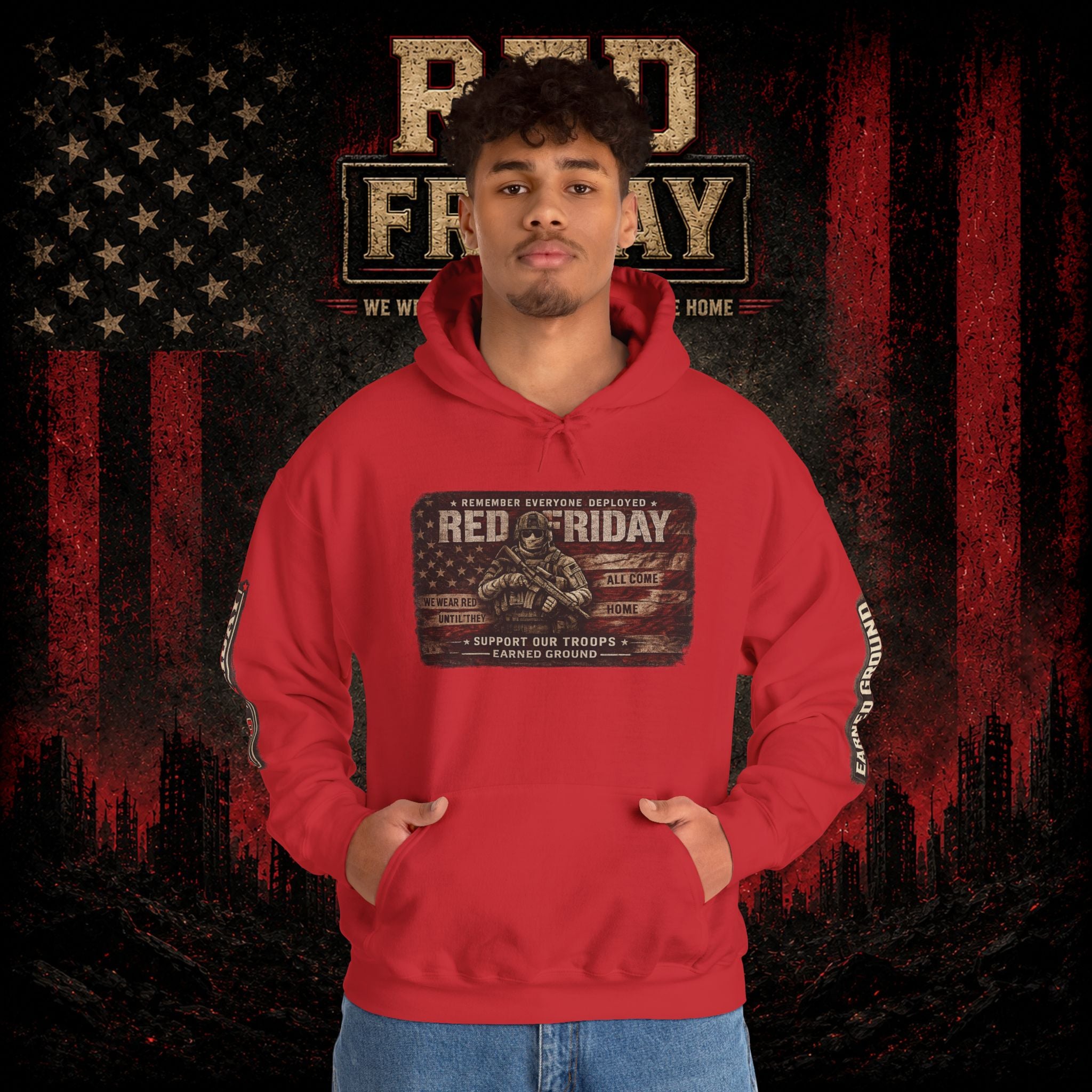 Red Friday Hoodie — " WE WEAR READ UNITL THE ALL COME HOME" Veterans American Flag Pullover