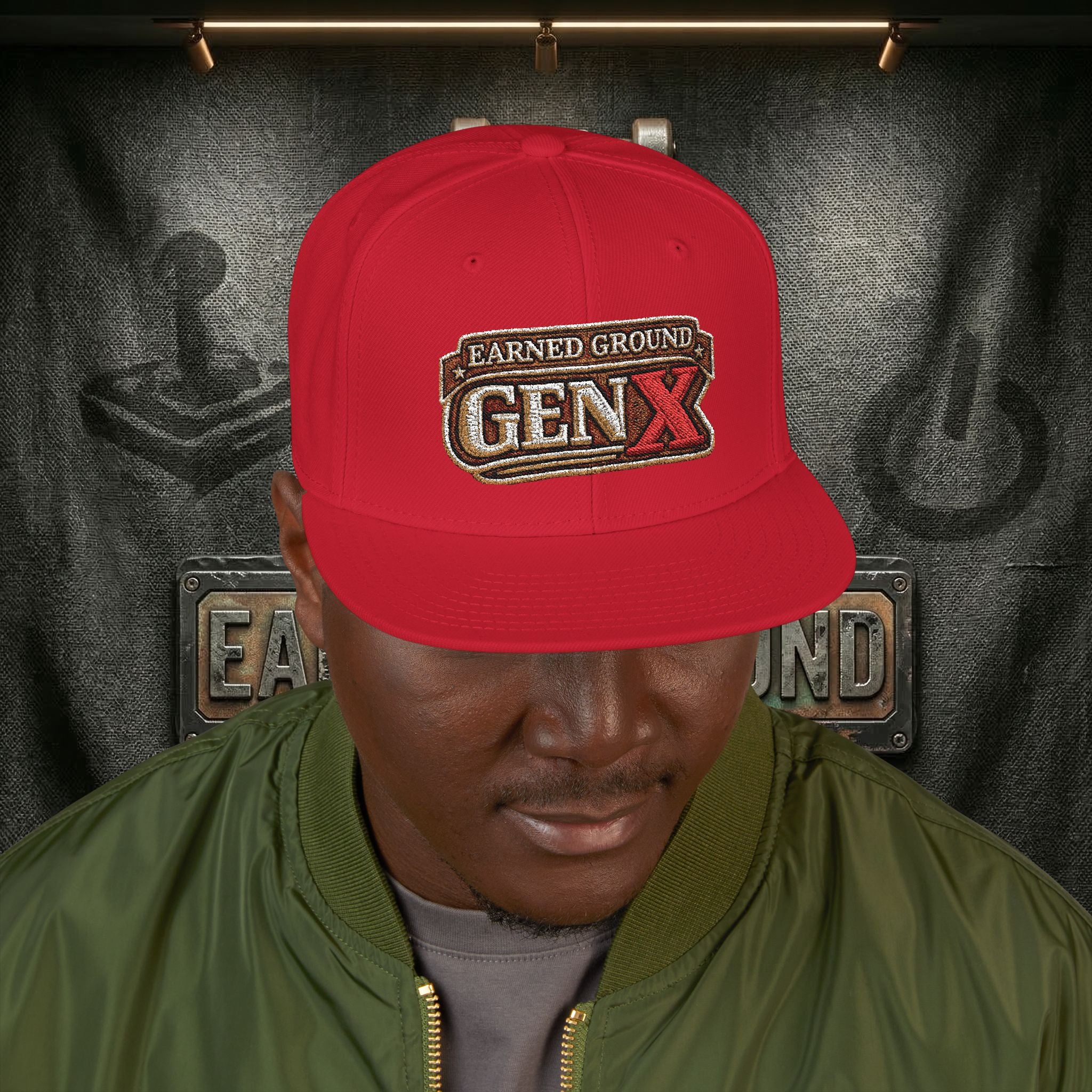 EARNED GROUND GEN 'X' EMBROIDED Snapback Hat — Vintage Red  GEN X Patch Logo Cap