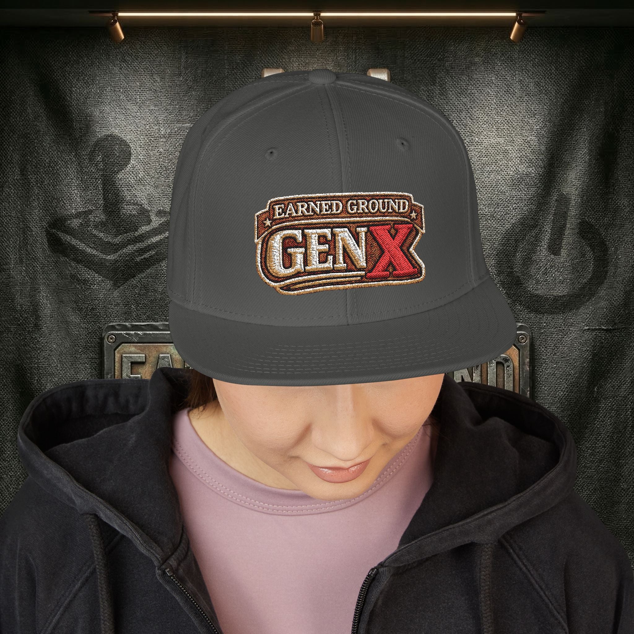 EARNED GROUND GEN 'X' EMBROIDED Snapback Hat — Vintage Red  GEN X Patch Logo Cap