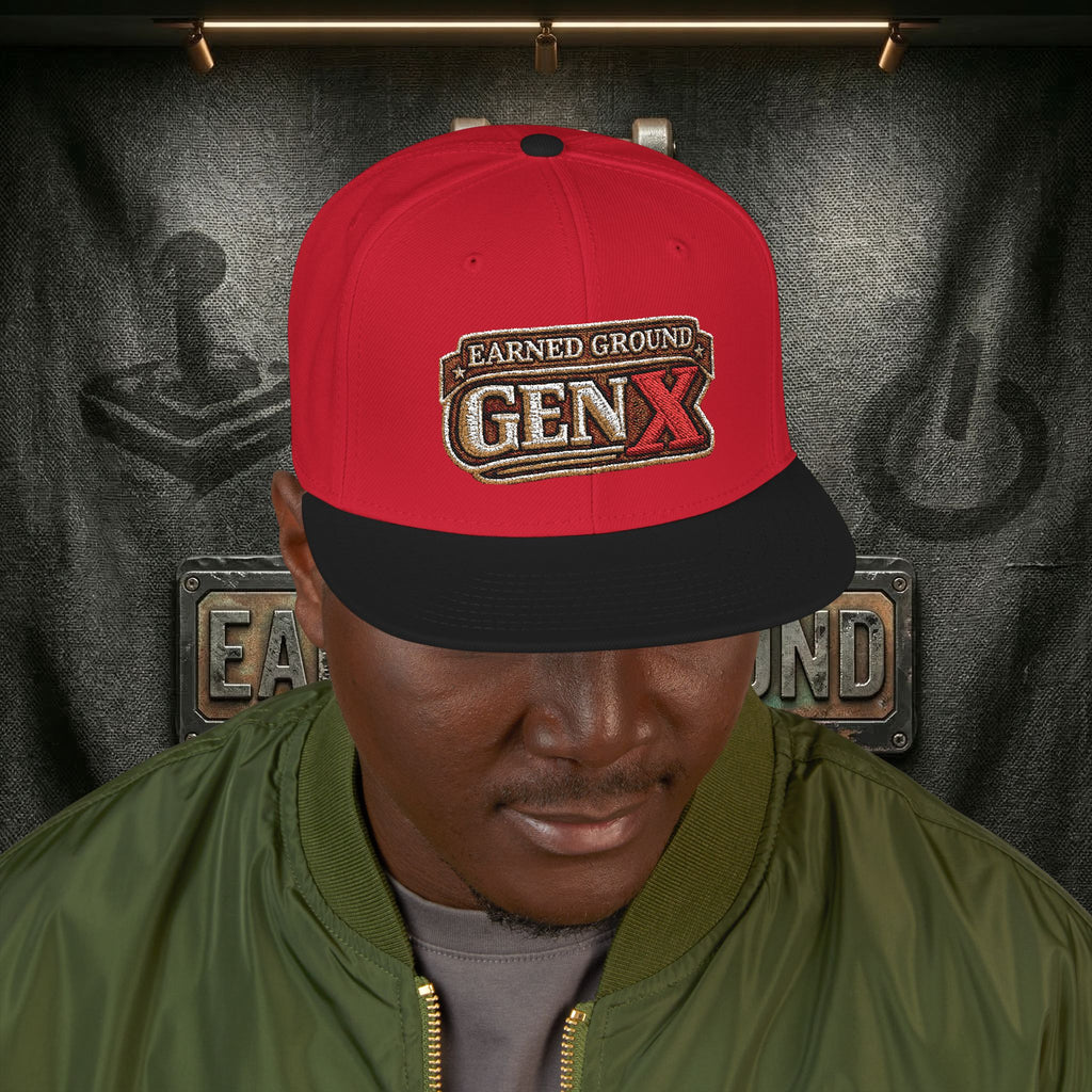 EARNED GROUND GEN 'X' EMBROIDED Snapback Hat — Vintage Red  GEN X Patch Logo Cap