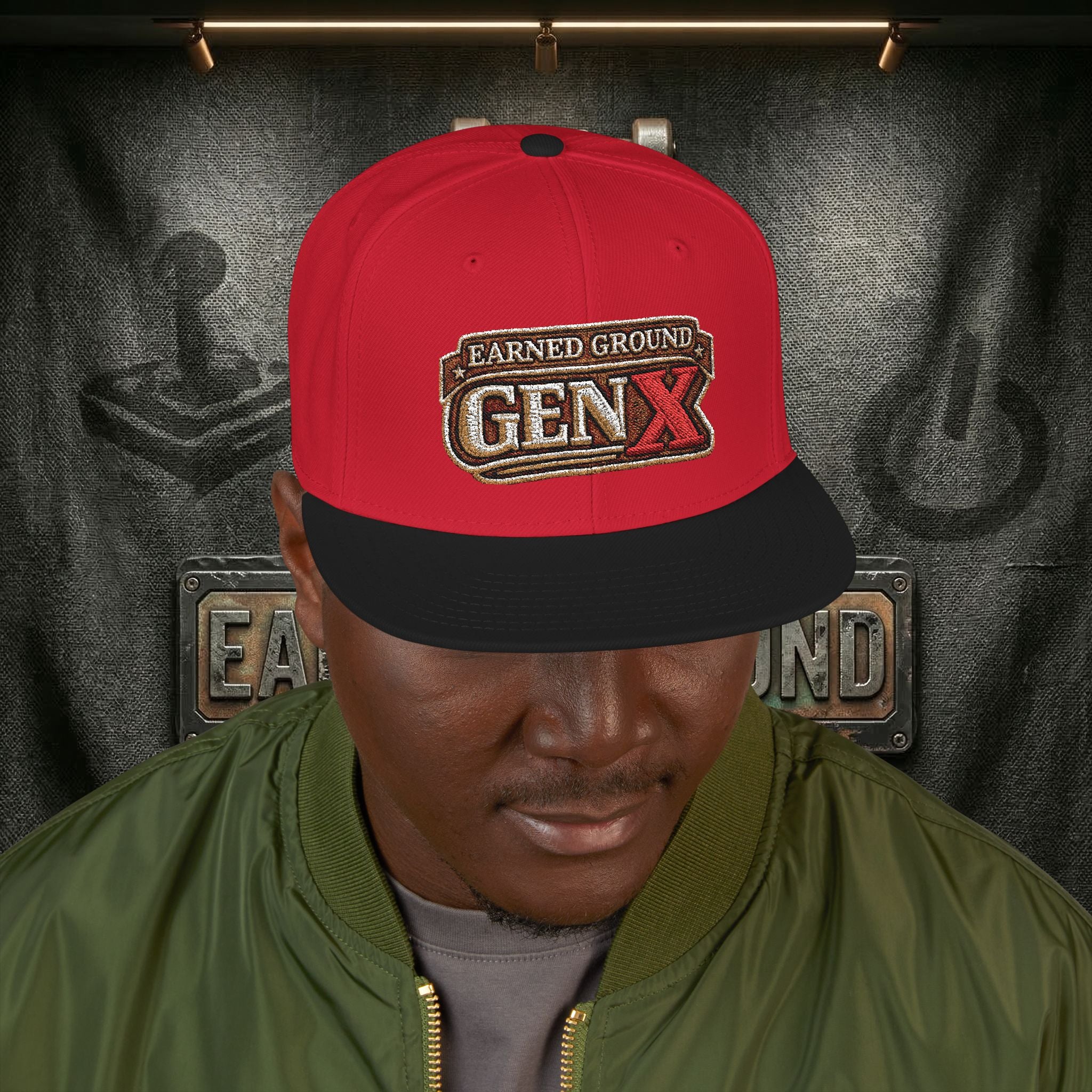 EARNED GROUND GEN 'X' EMBROIDED Snapback Hat — Vintage Red  GEN X Patch Logo Cap