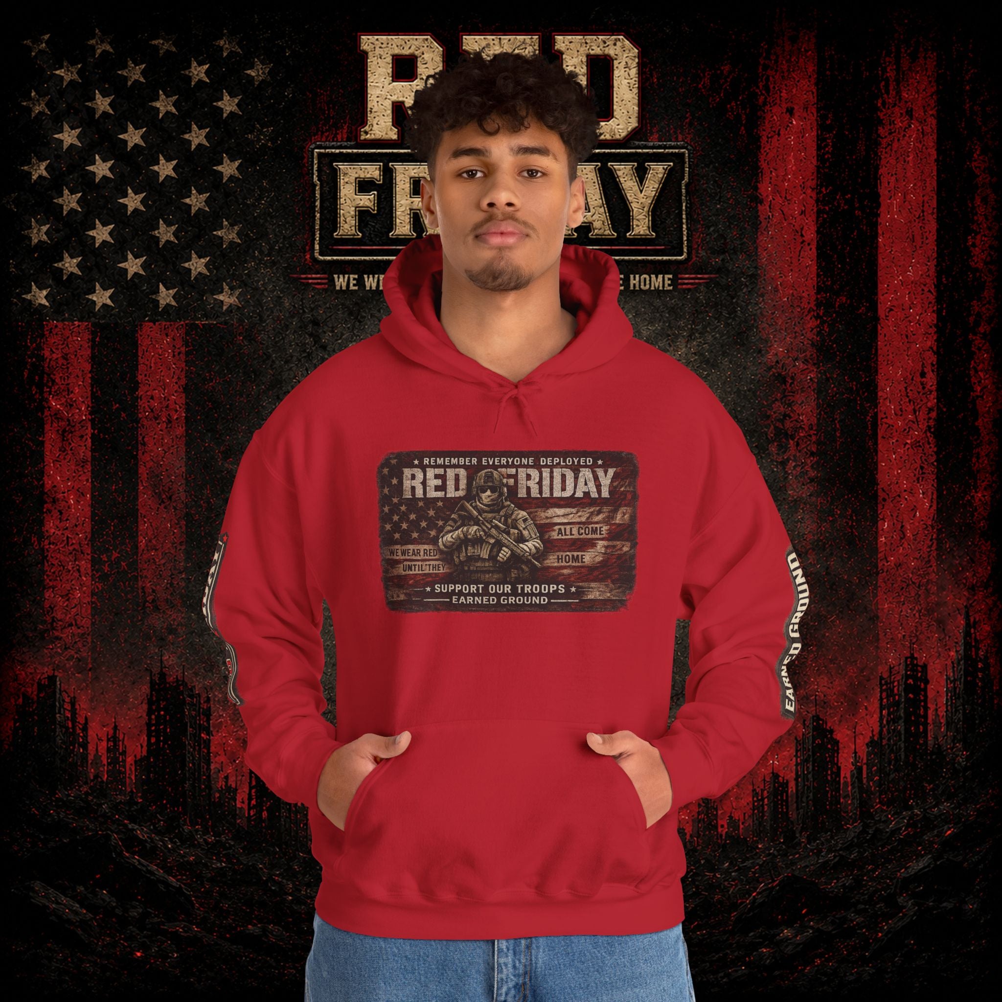 Red Friday Hoodie — " WE WEAR READ UNITL THE ALL COME HOME" Veterans American Flag Pullover
