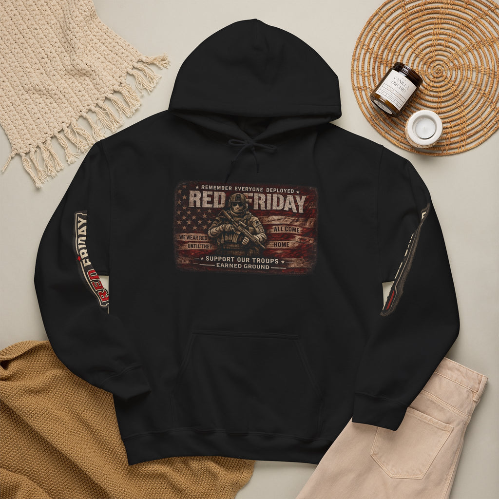 Red Friday Hoodie — " WE WEAR READ UNITL THE ALL COME HOME" Veterans American Flag Pullover