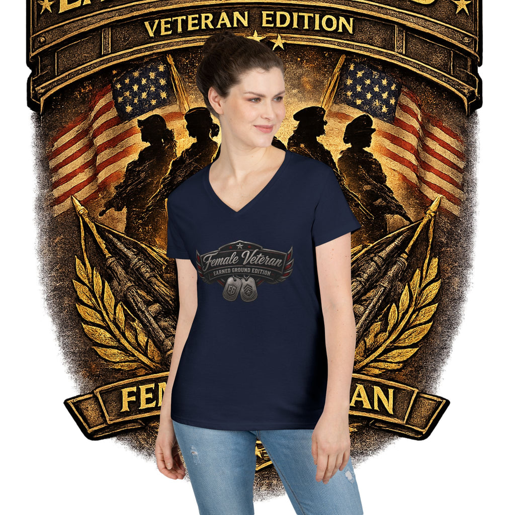 EARNED GROUND Female Veteran V-Neck T-Shirt — "Female Veteran" Edition"