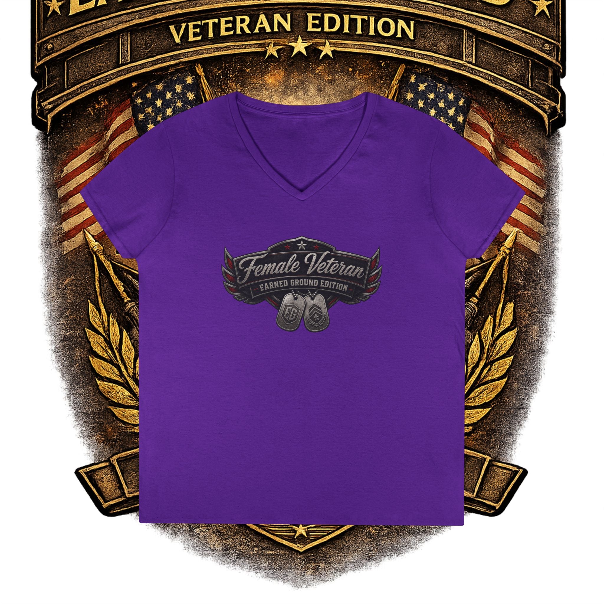 EARNED GROUND Female Veteran V-Neck T-Shirt — "Female Veteran" Edition"
