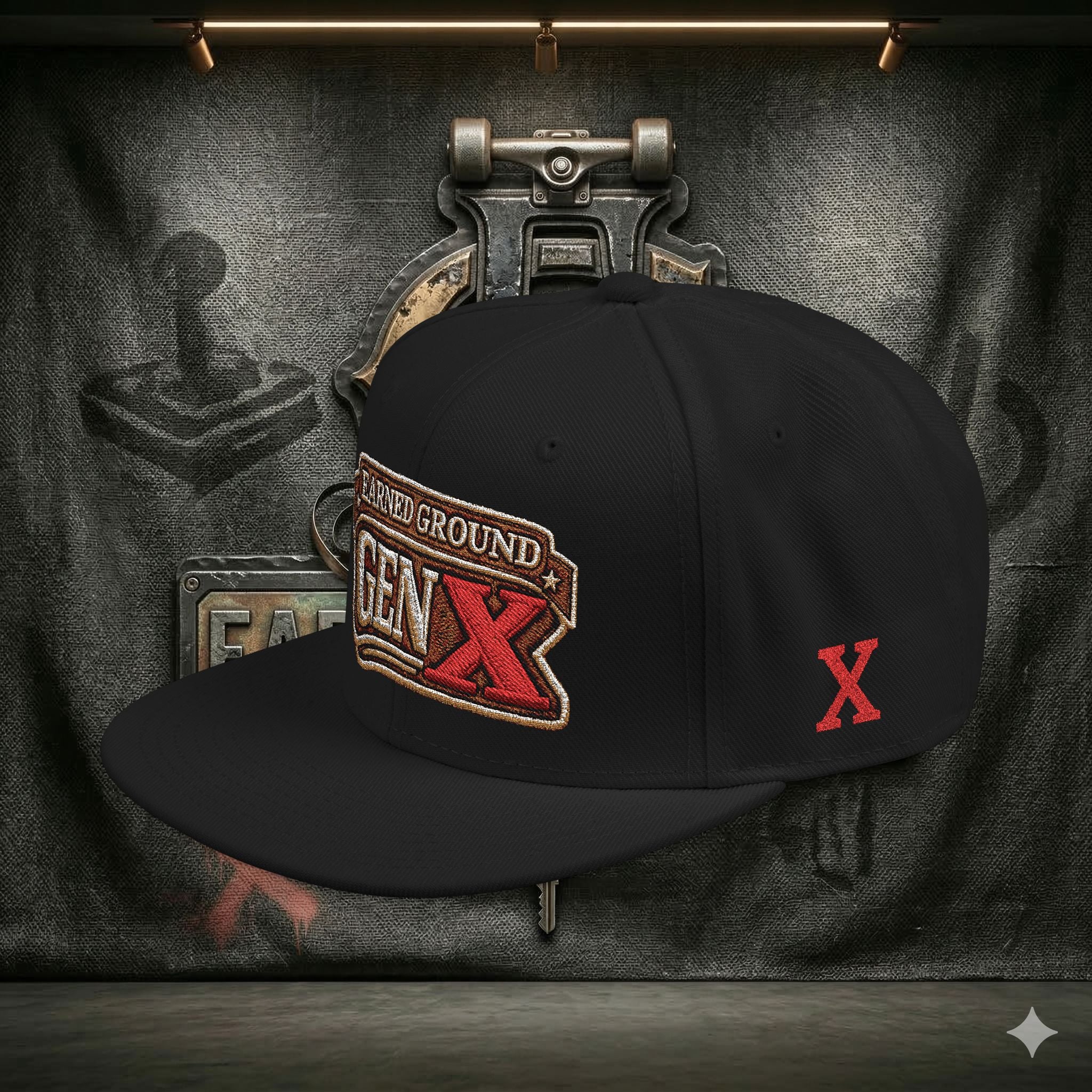 EARNED GROUND GEN 'X' EMBROIDED Snapback Hat — Vintage Red  GEN X Patch Logo Cap