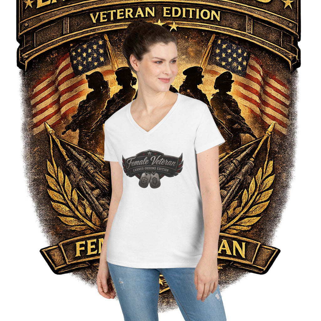 EARNED GROUND Female Veteran V-Neck T-Shirt — "Female Veteran" Edition"