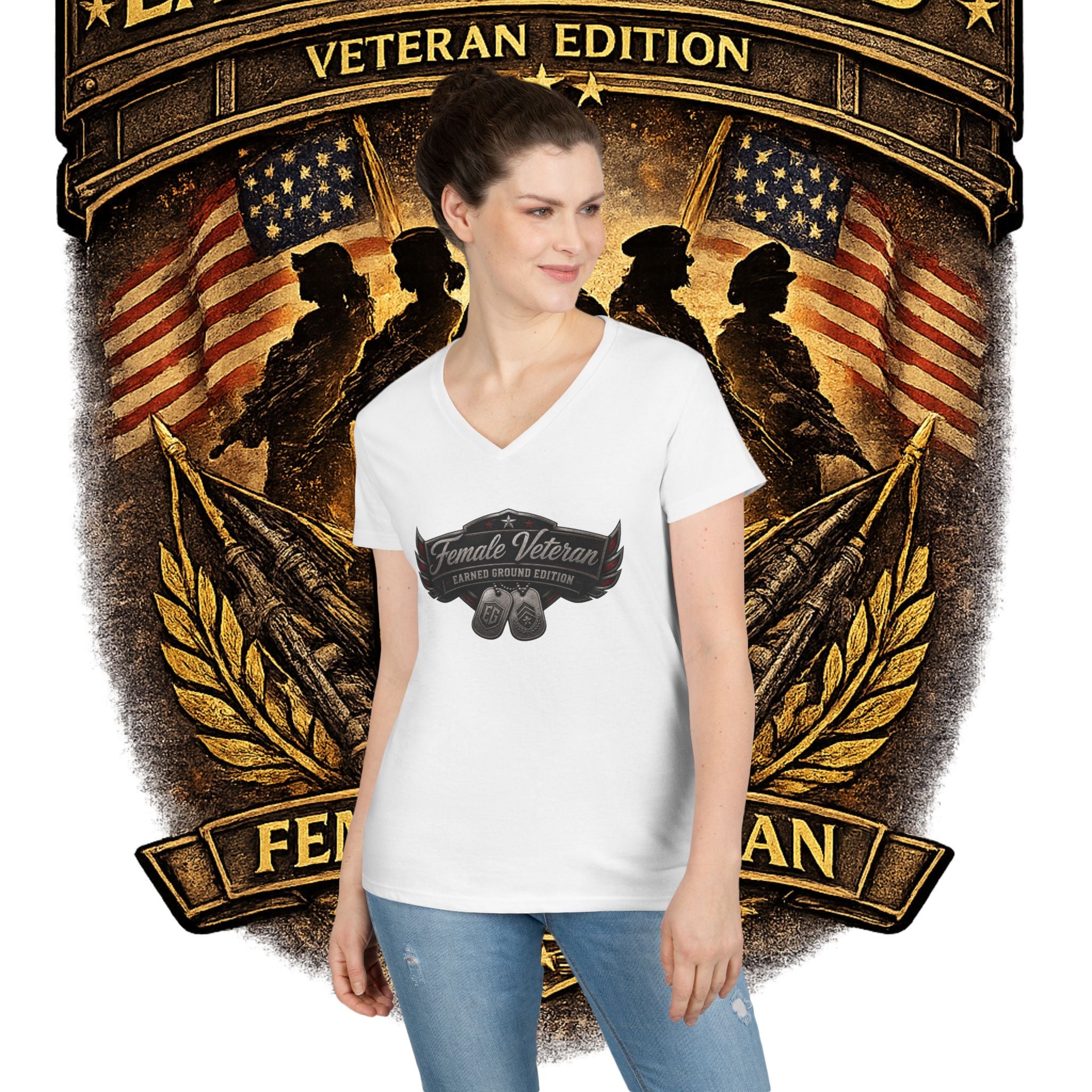 EARNED GROUND Female Veteran V-Neck T-Shirt — "Female Veteran" Edition"