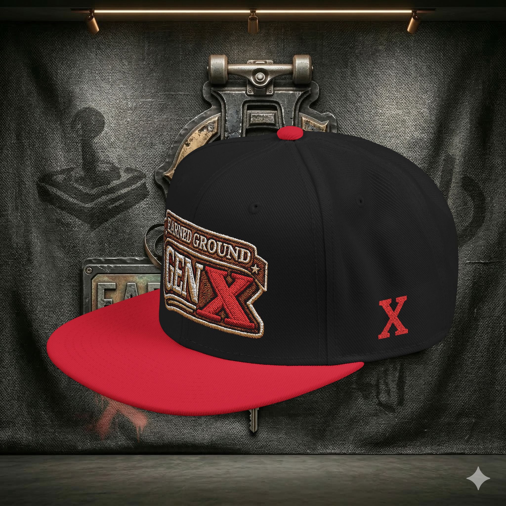 EARNED GROUND GEN 'X' EMBROIDED Snapback Hat — Vintage Red  GEN X Patch Logo Cap