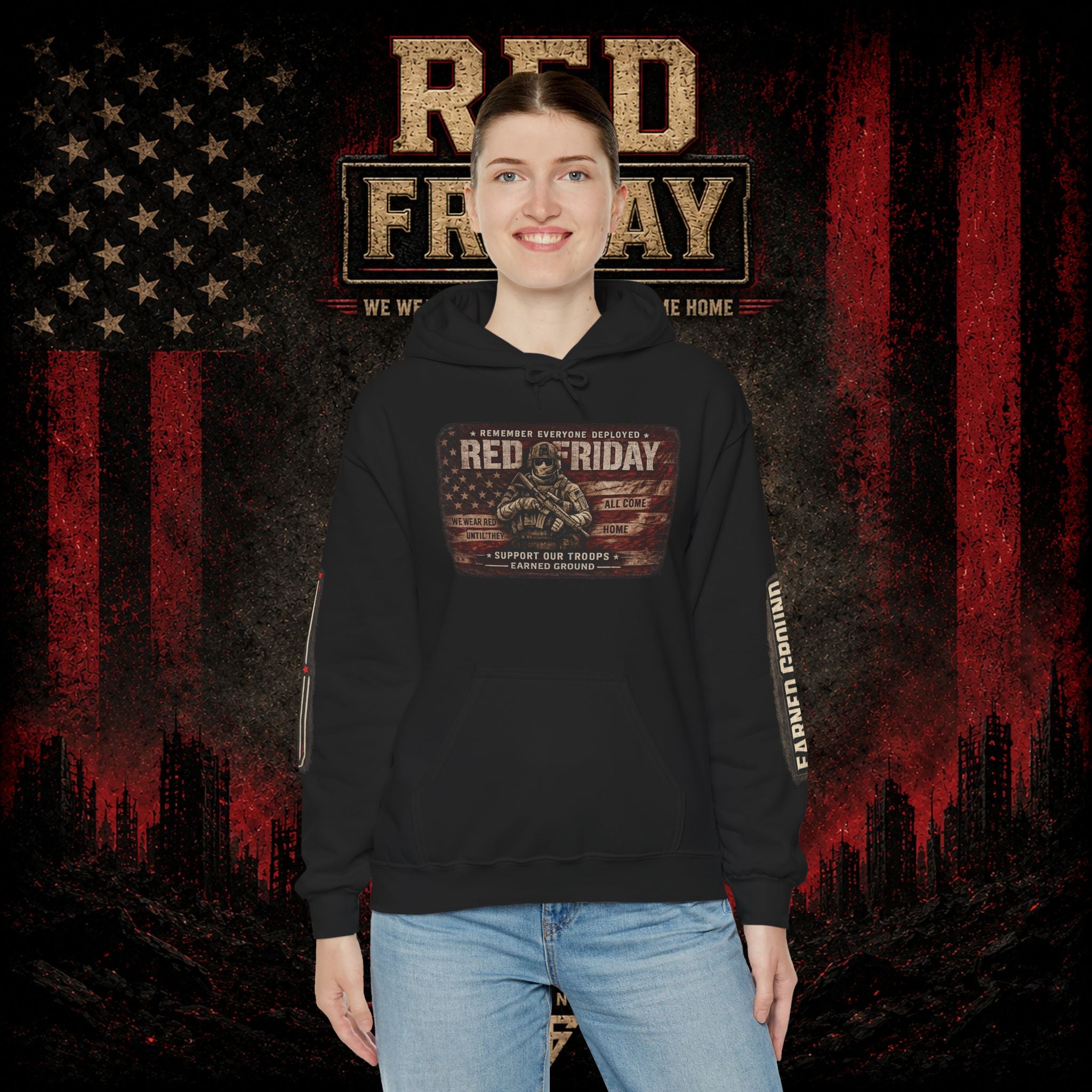 Red Friday Hoodie — " WE WEAR READ UNITL THE ALL COME HOME" Veterans American Flag Pullover
